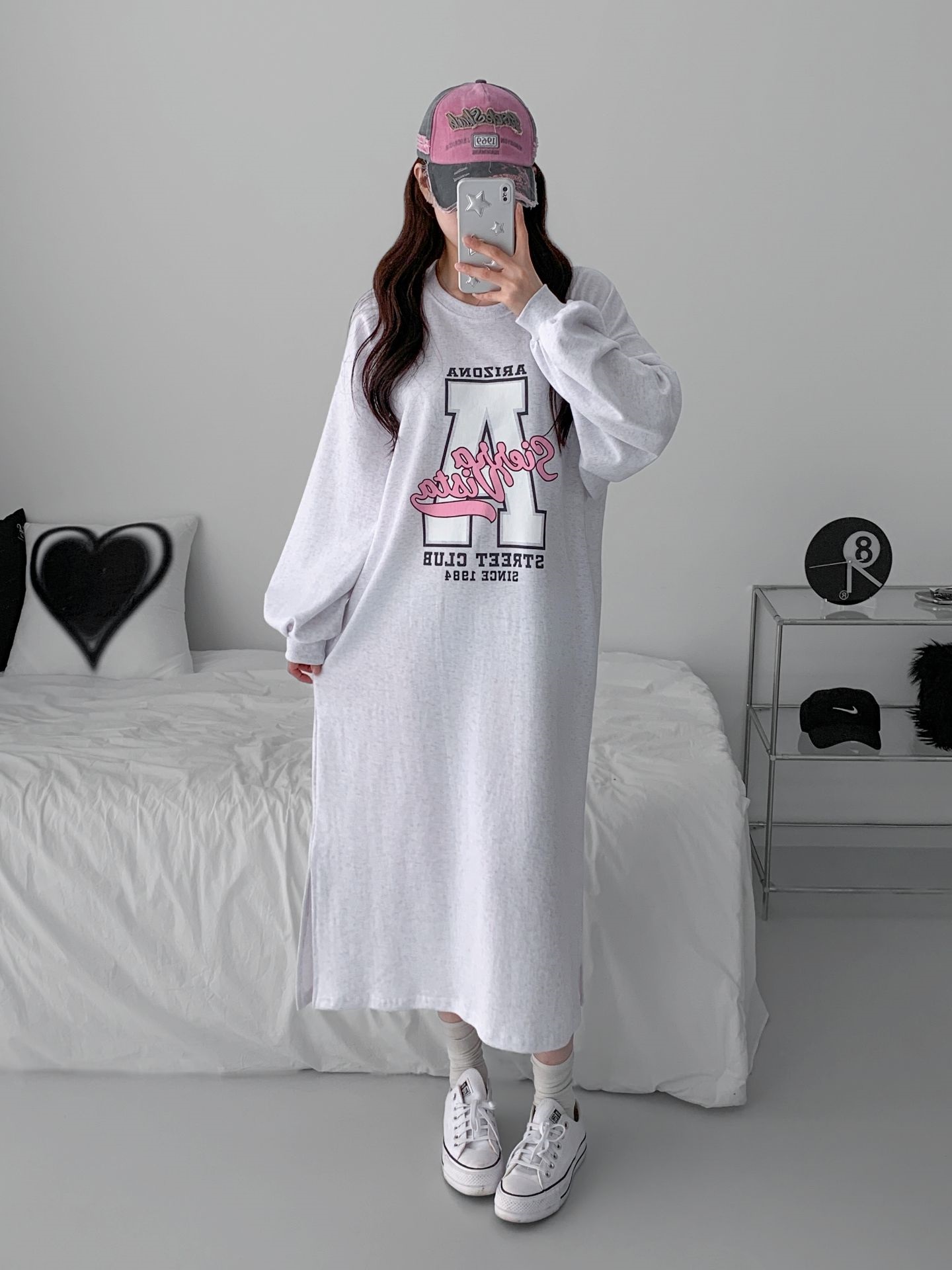 ラウンドネックスリットパフスリーブオーバーサイズロング長袖ビッグプリントワンピース | 詳細画像11