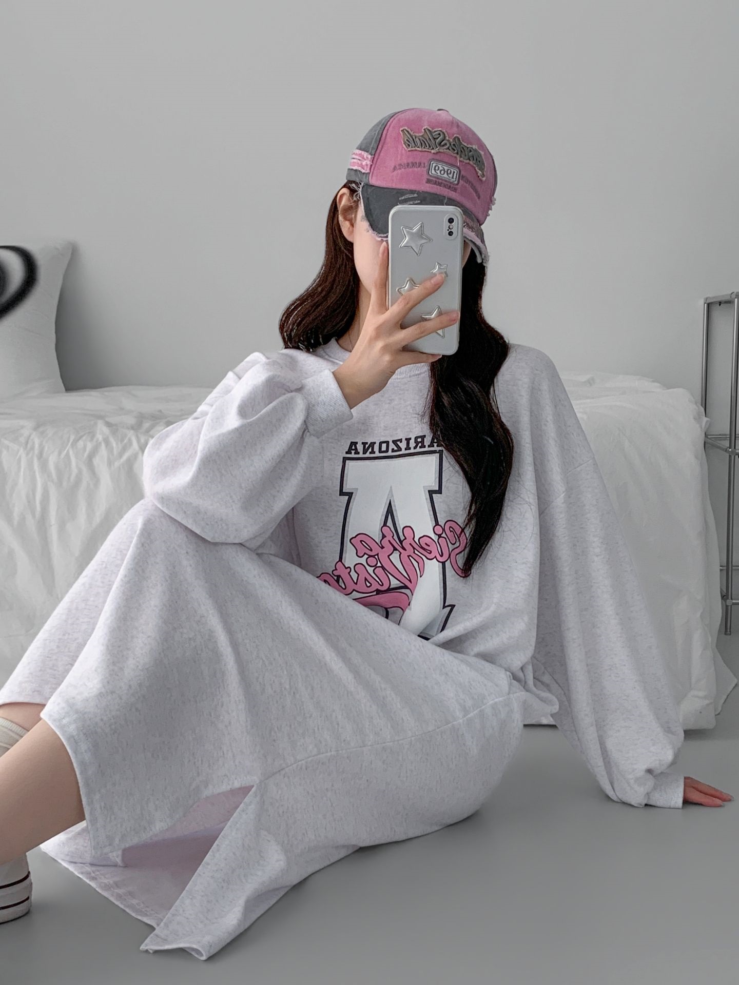 ラウンドネックスリットパフスリーブオーバーサイズロング長袖ビッグプリントワンピース | 詳細画像12