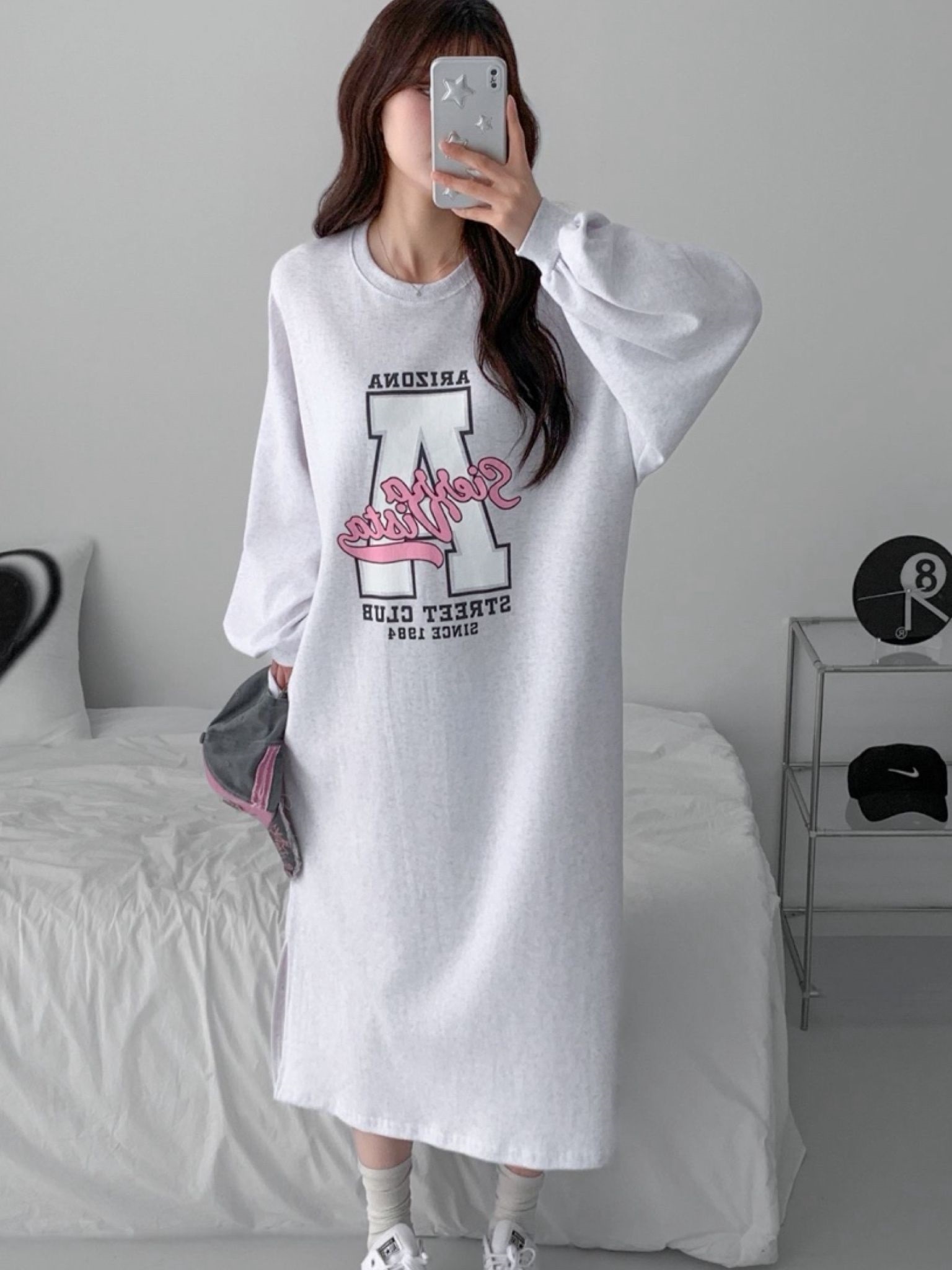 ラウンドネックスリットパフスリーブオーバーサイズロング長袖ビッグプリントワンピース | 詳細画像13