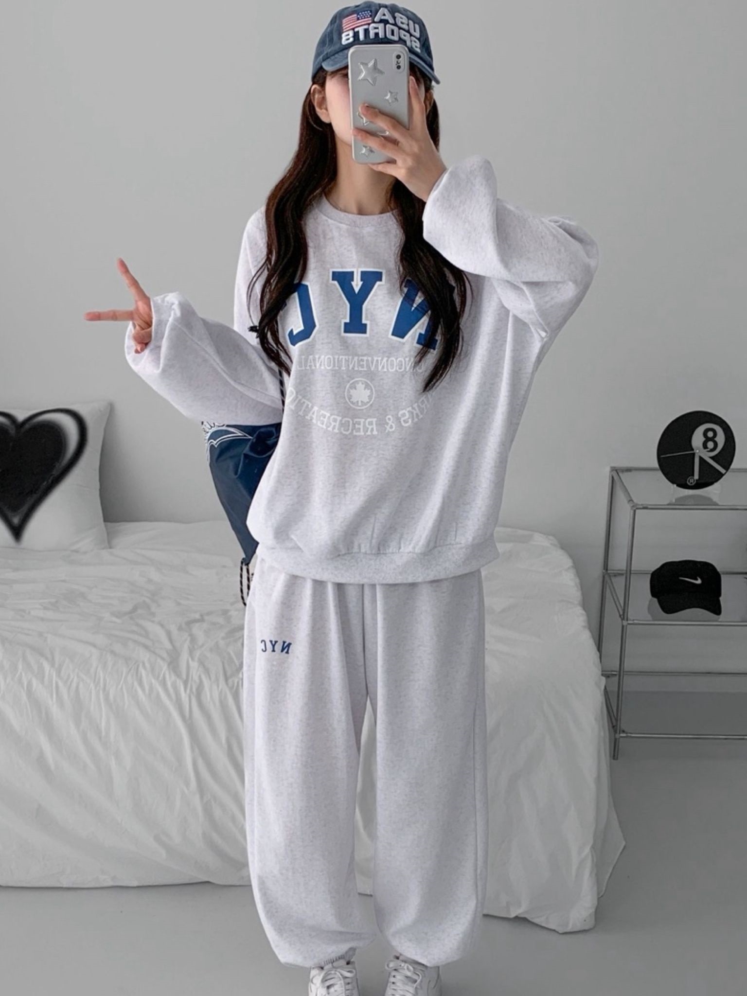 ラウンドネックポケットウエストゴムジョガープリントセットアップパンツスウェット | 詳細画像2