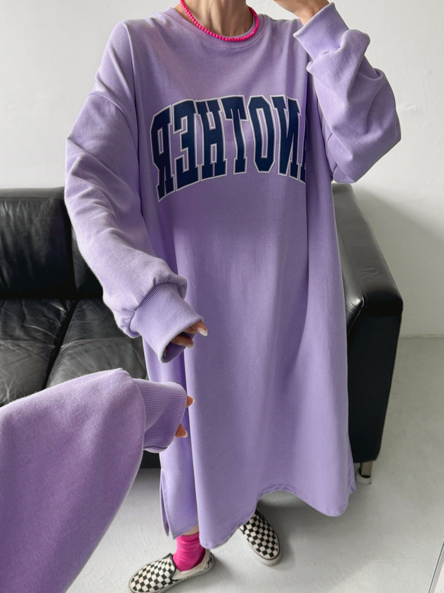 ラウンドネックスリットポケットオーバーサイズボクシーIラインロングプリントワンピース | 詳細画像2