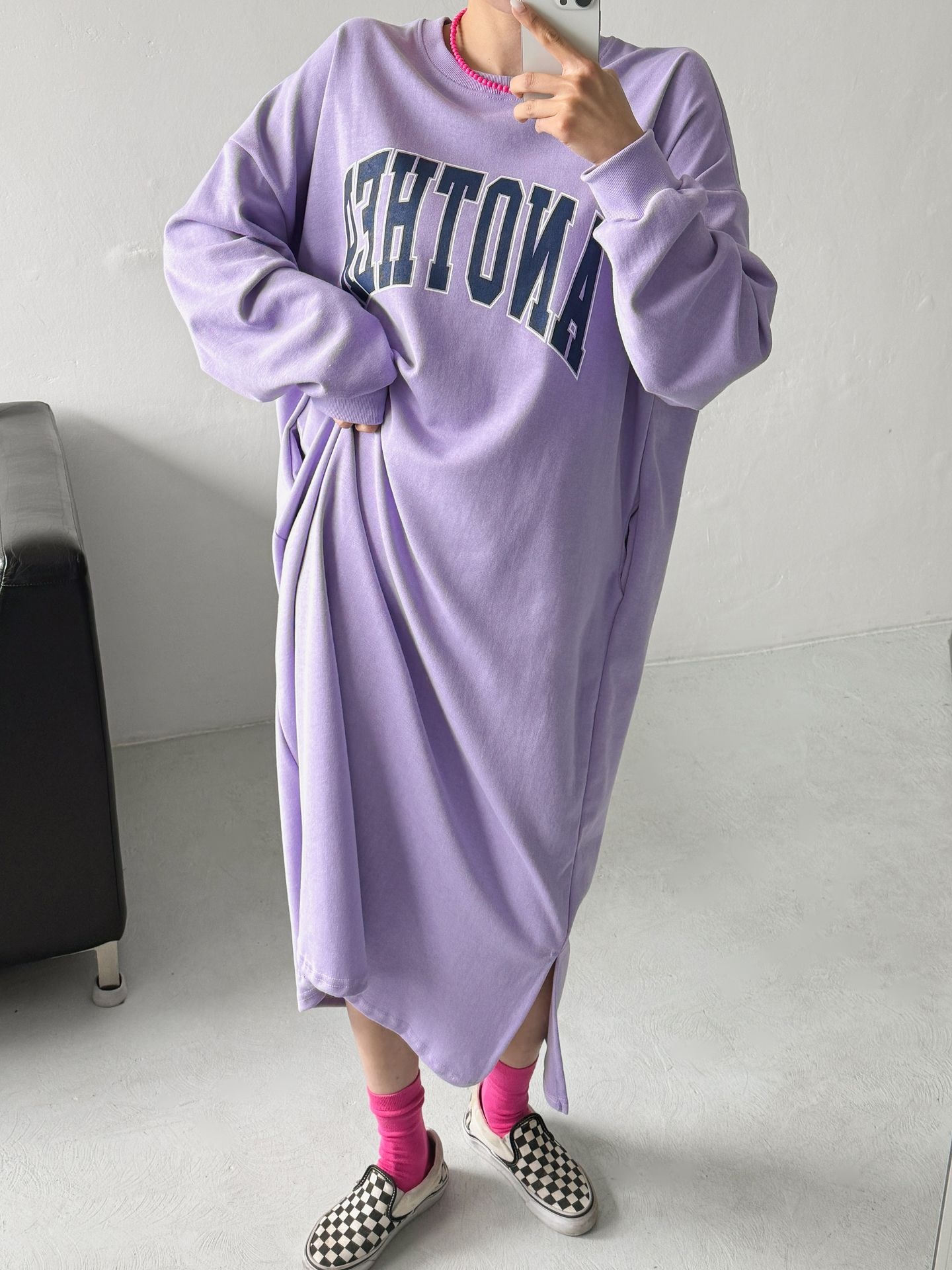 ラウンドネックスリットポケットオーバーサイズボクシーIラインロングプリントワンピース | 詳細画像4