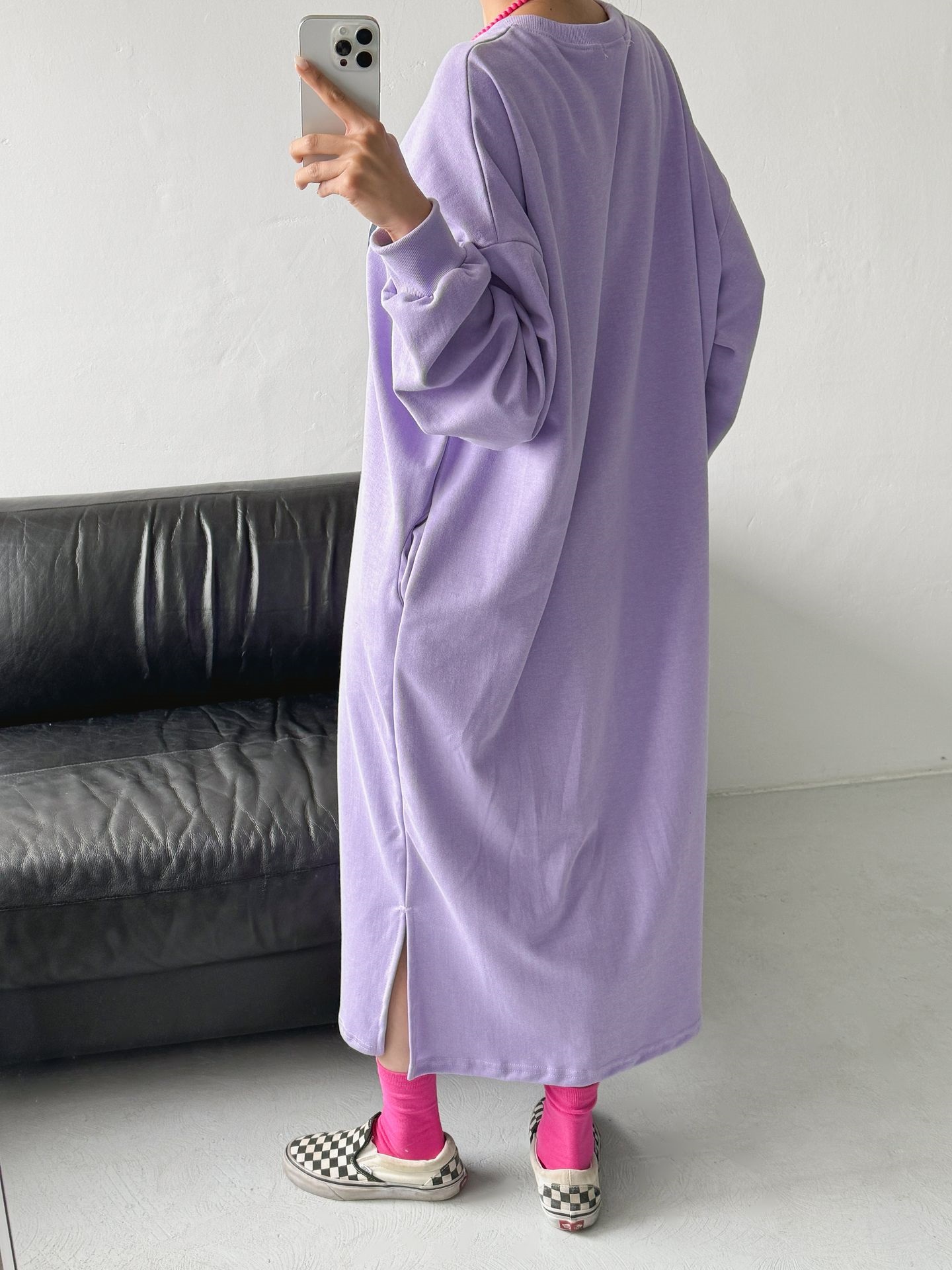 ラウンドネックスリットポケットオーバーサイズボクシーIラインロングプリントワンピース | 詳細画像5