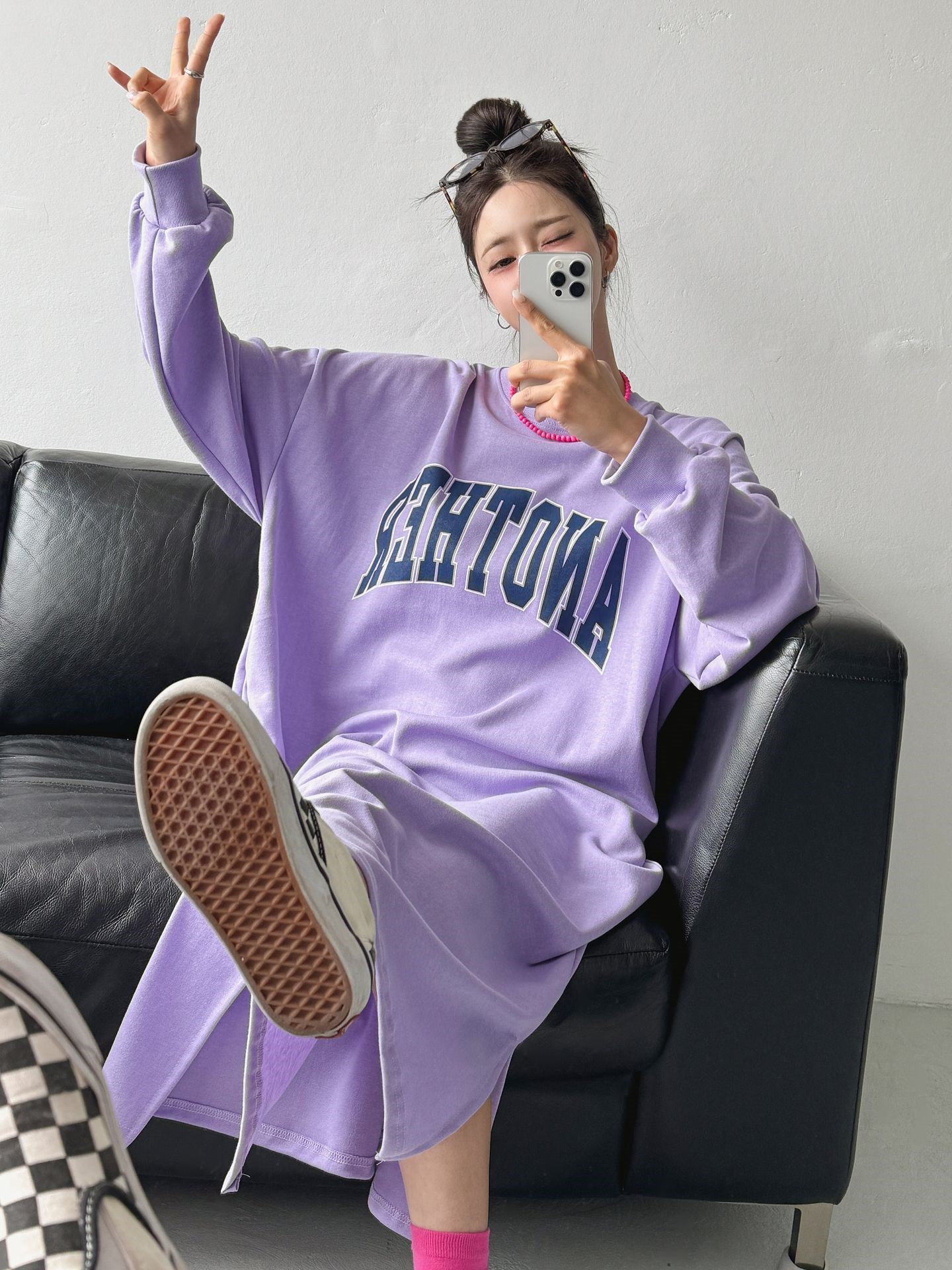 ラウンドネックスリットポケットオーバーサイズボクシーIラインロングプリントワンピース | 詳細画像7