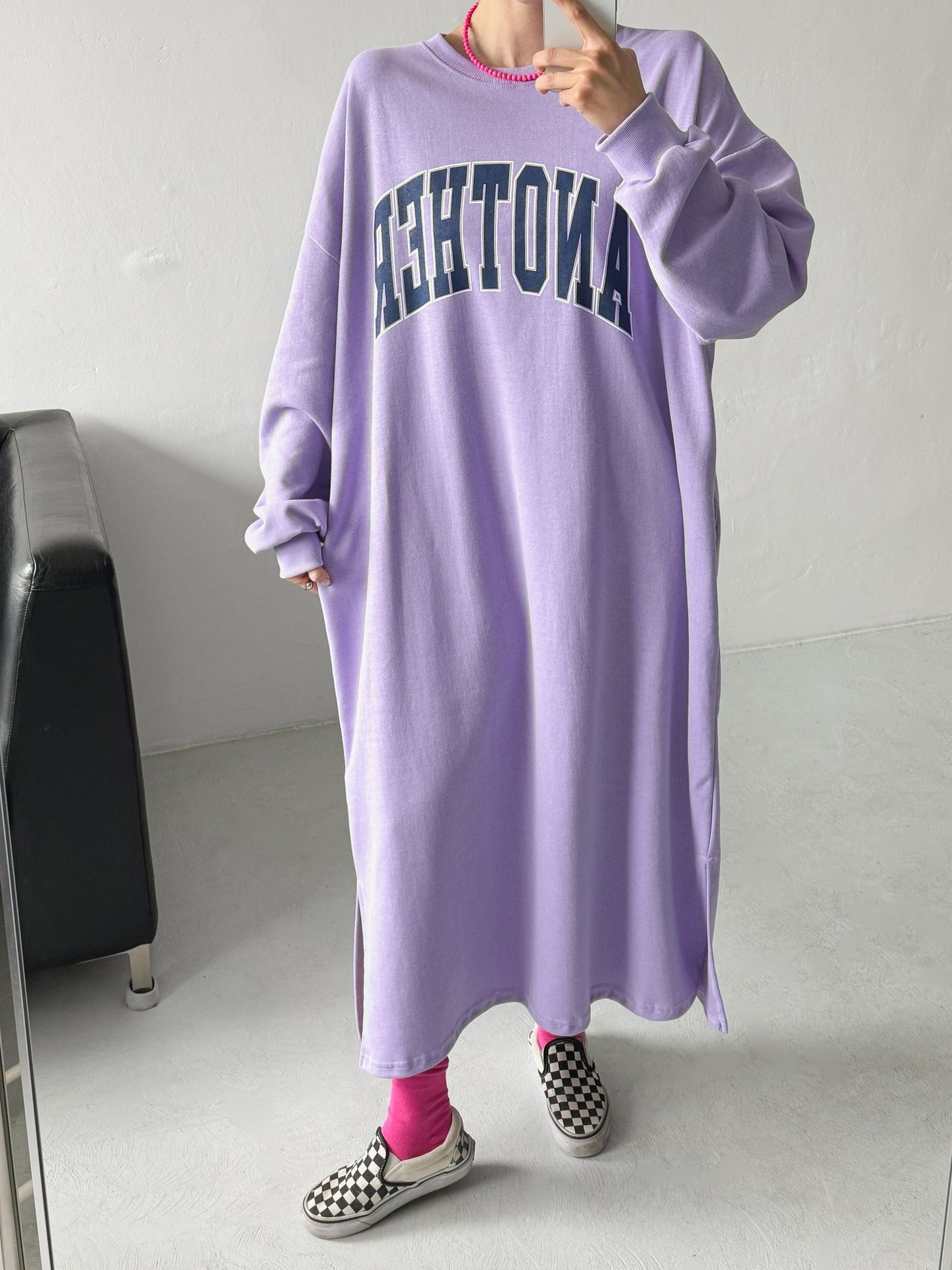 ラウンドネックスリットポケットオーバーサイズボクシーIラインロングプリントワンピース | 詳細画像8