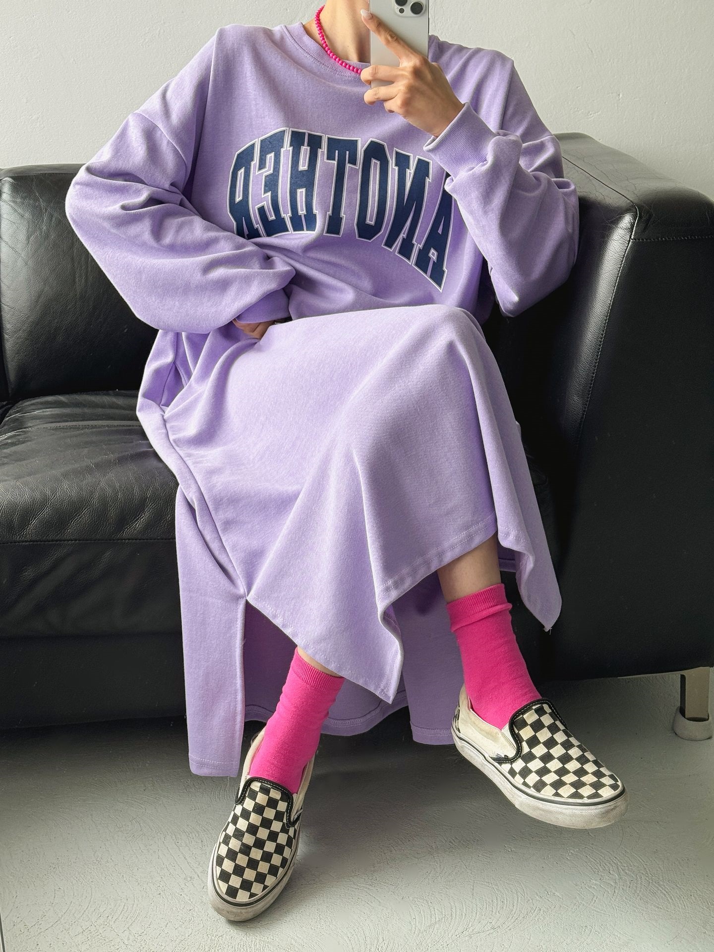 ラウンドネックスリットポケットオーバーサイズボクシーIラインロングプリントワンピース | 詳細画像10