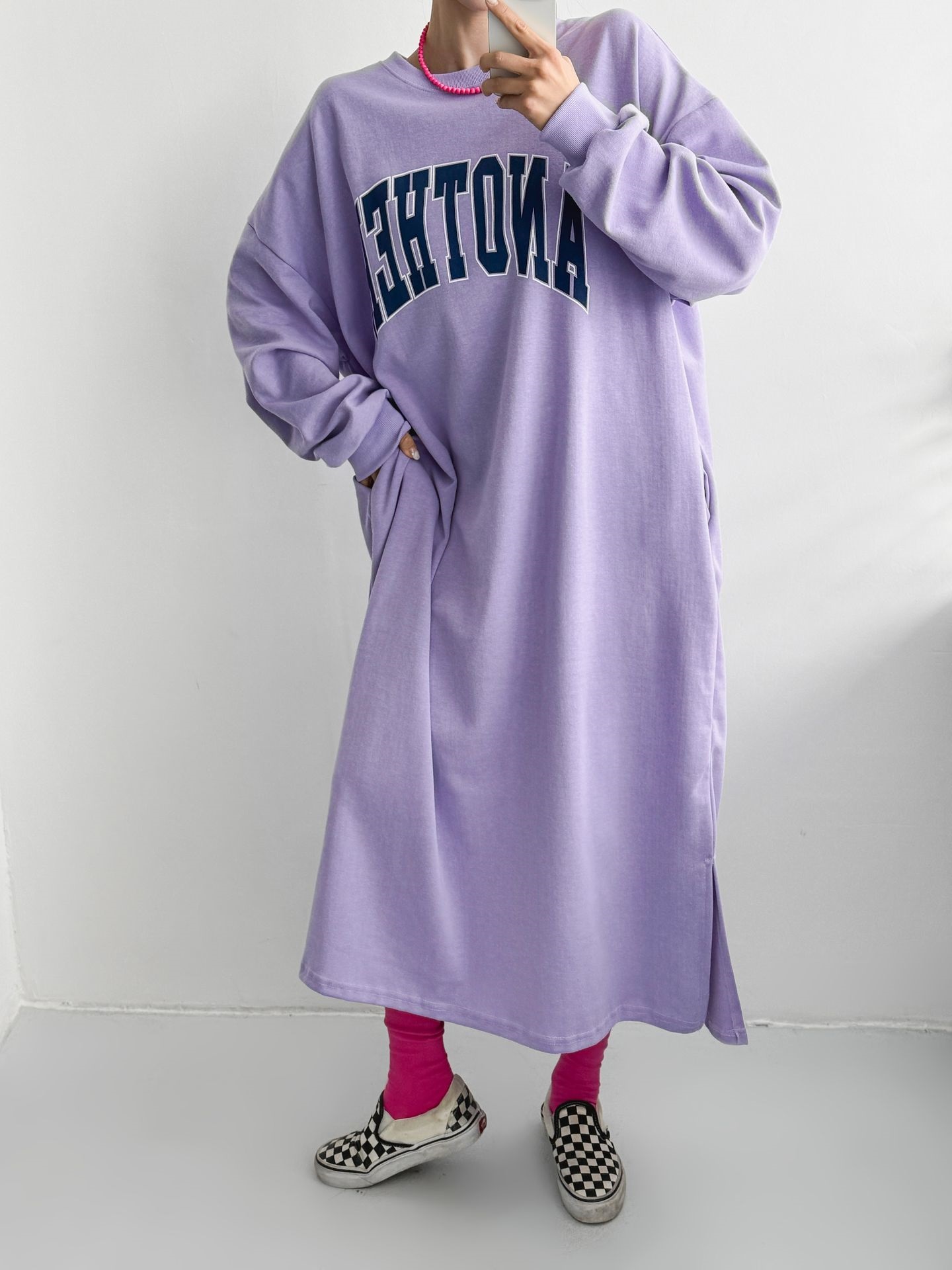 ラウンドネックスリットポケットオーバーサイズボクシーIラインロングプリントワンピース | 詳細画像11