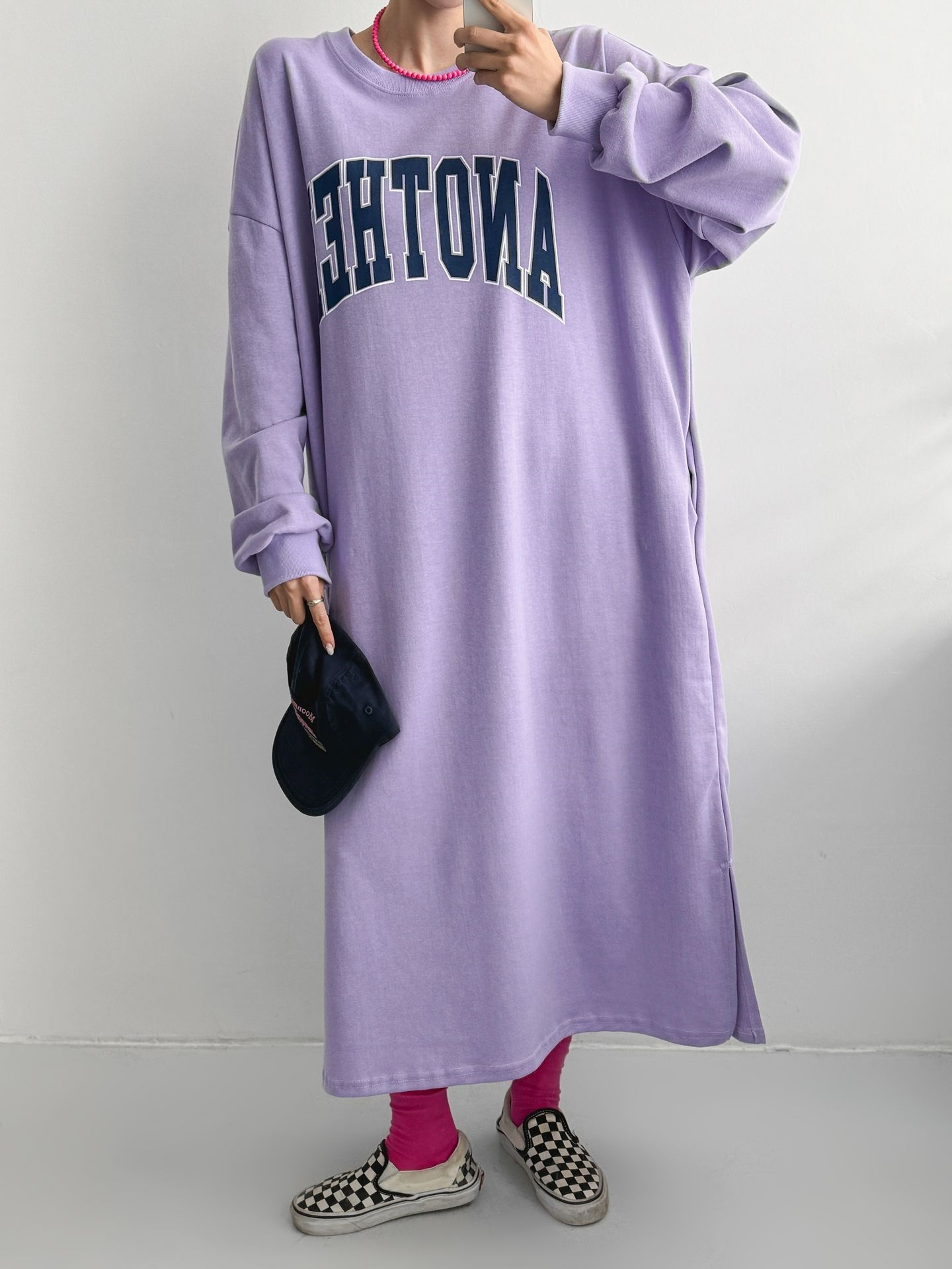 ラウンドネックスリットポケットオーバーサイズボクシーIラインロングプリントワンピース | 詳細画像12