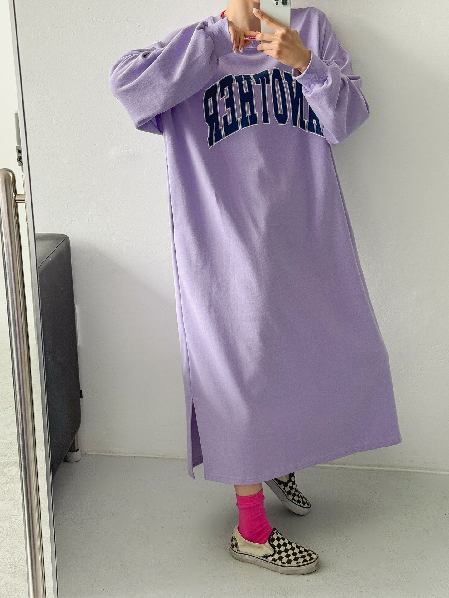 ラウンドネックスリットポケットオーバーサイズボクシーIラインロングプリントワンピース | 詳細画像13