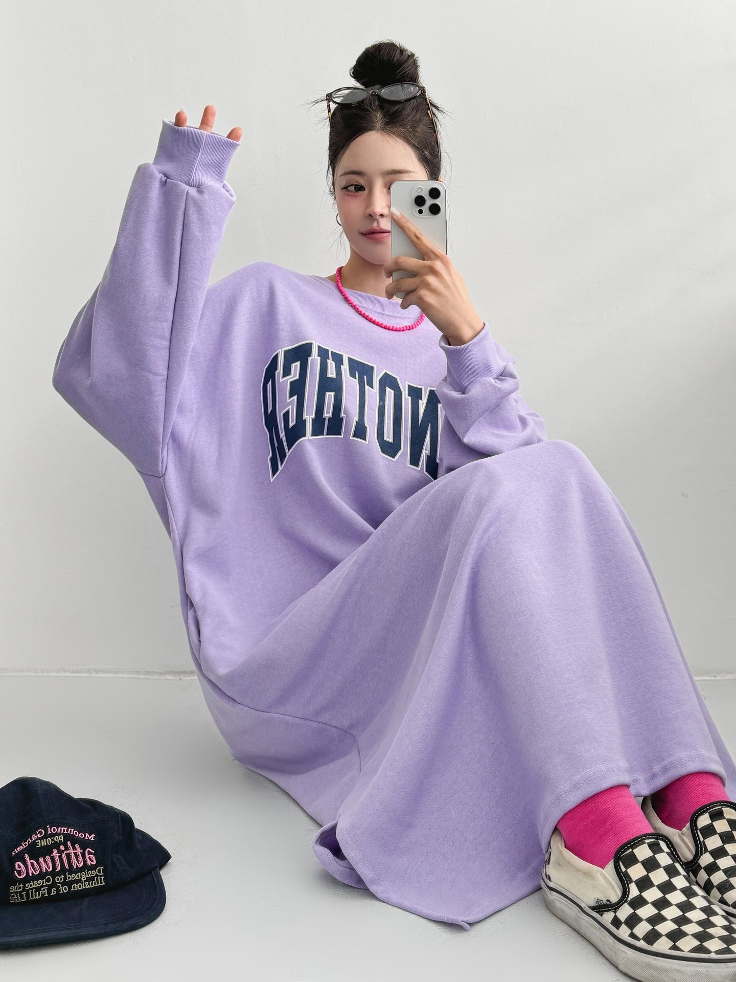 ラウンドネックスリットポケットオーバーサイズボクシーIラインロングプリントワンピース | 詳細画像15