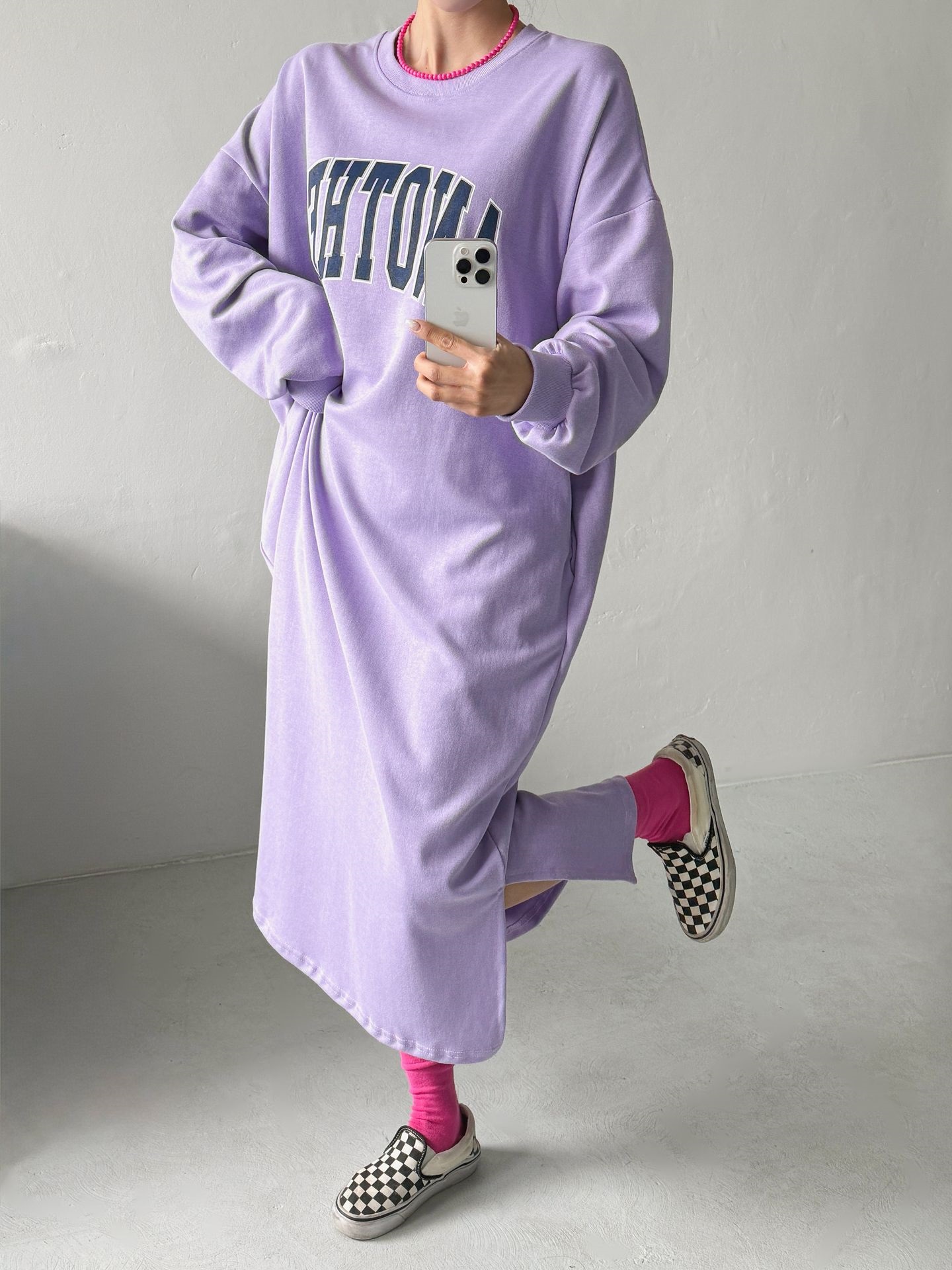 ラウンドネックスリットポケットオーバーサイズボクシーIラインロングプリントワンピース | 詳細画像17