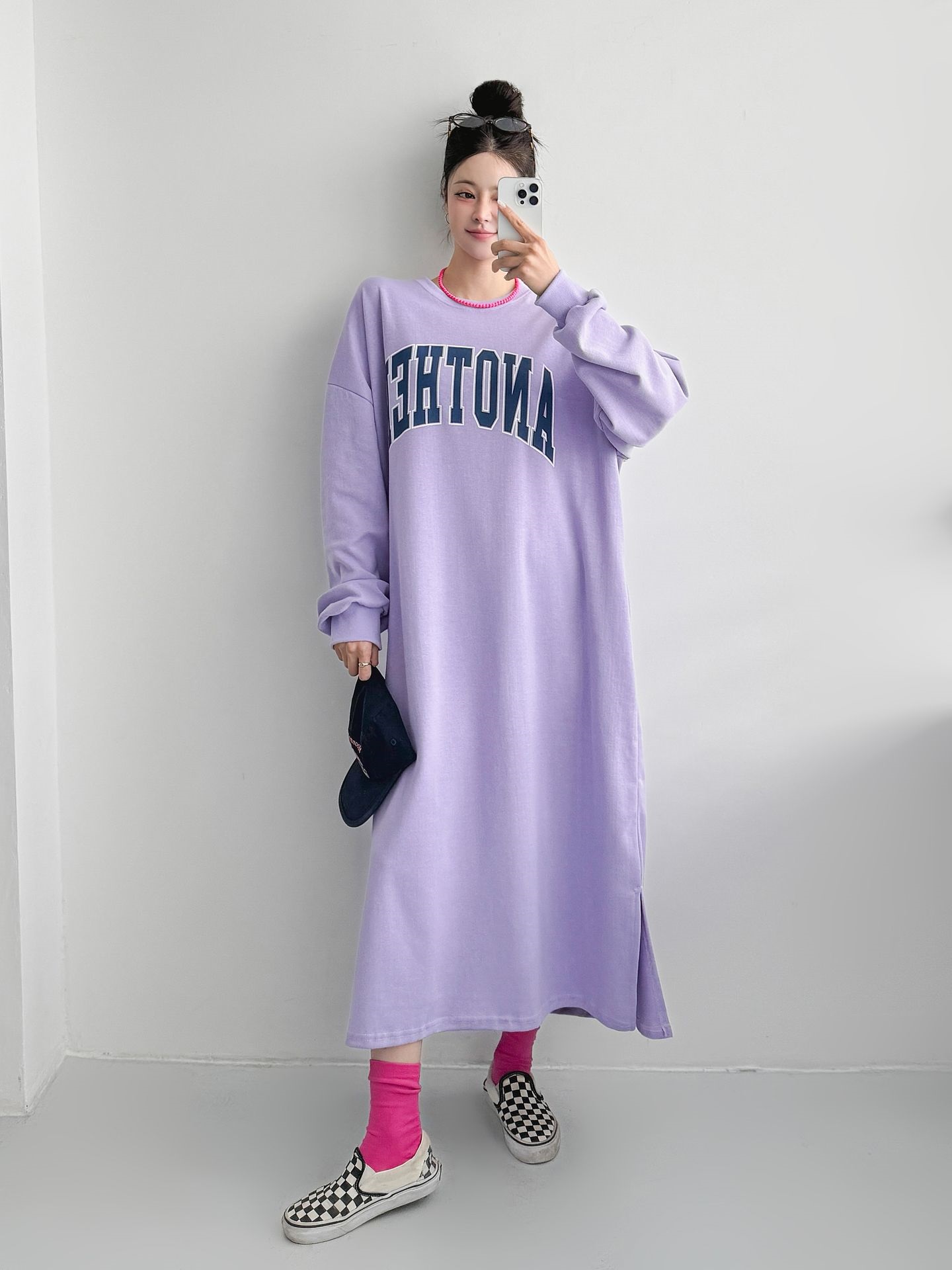 ラウンドネックスリットポケットオーバーサイズボクシーIラインロングプリントワンピース | 詳細画像18