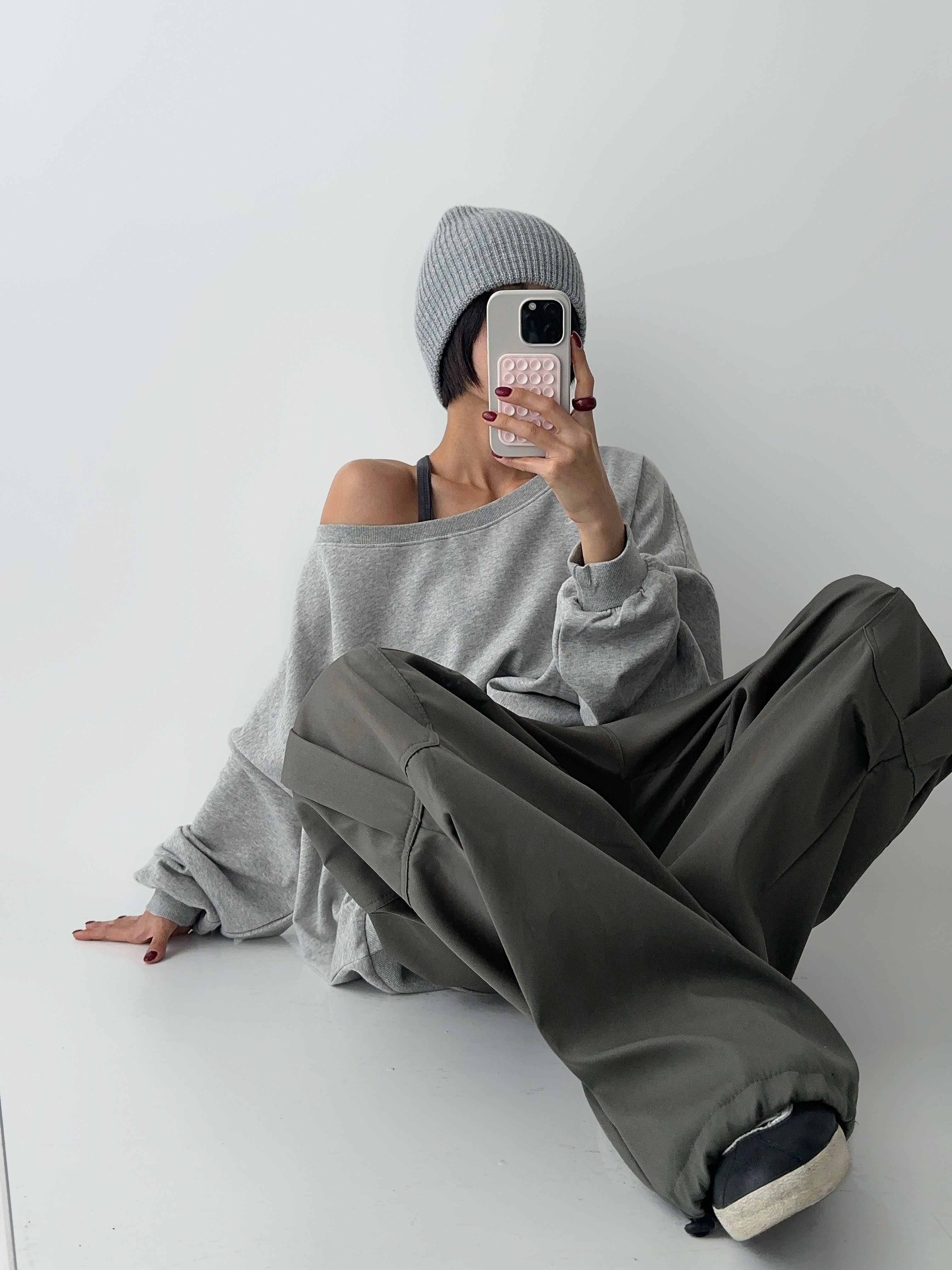 ボートネックワンショルダーオーバーサイズ長袖無地スウェット | 詳細画像2