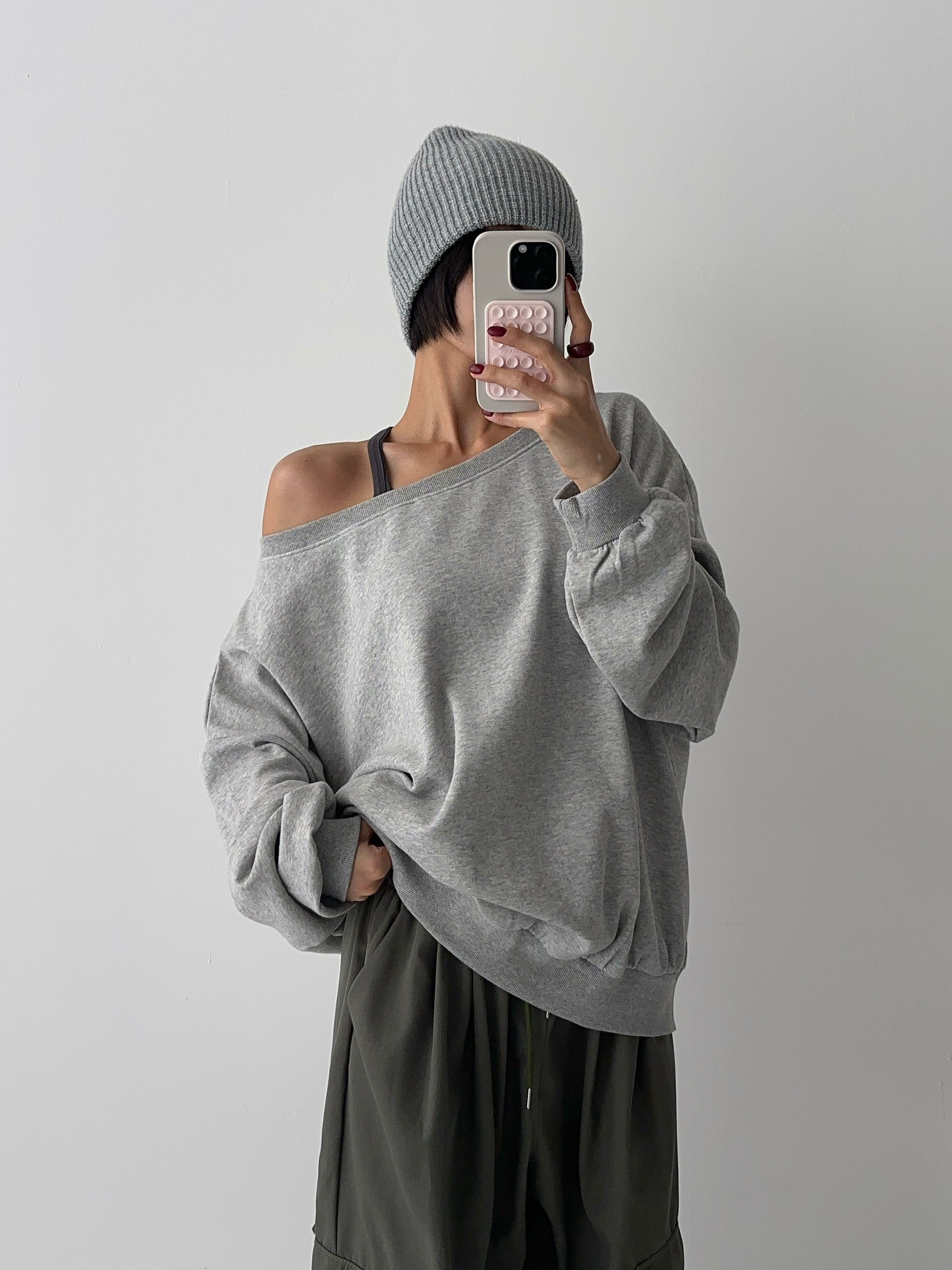 ボートネックワンショルダーオーバーサイズ長袖無地スウェット | 詳細画像6