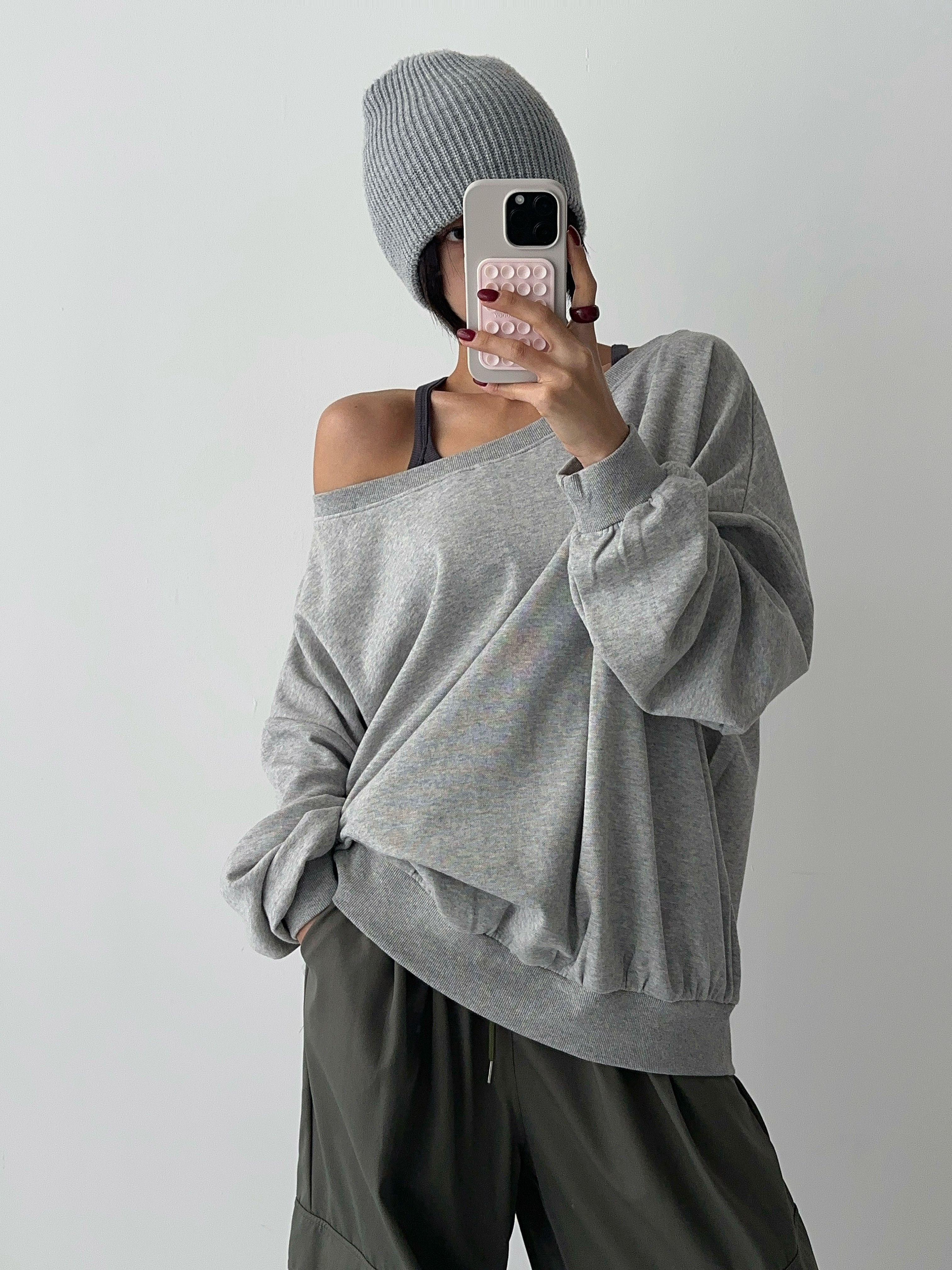 ボートネックワンショルダーオーバーサイズ長袖無地スウェット | 詳細画像7