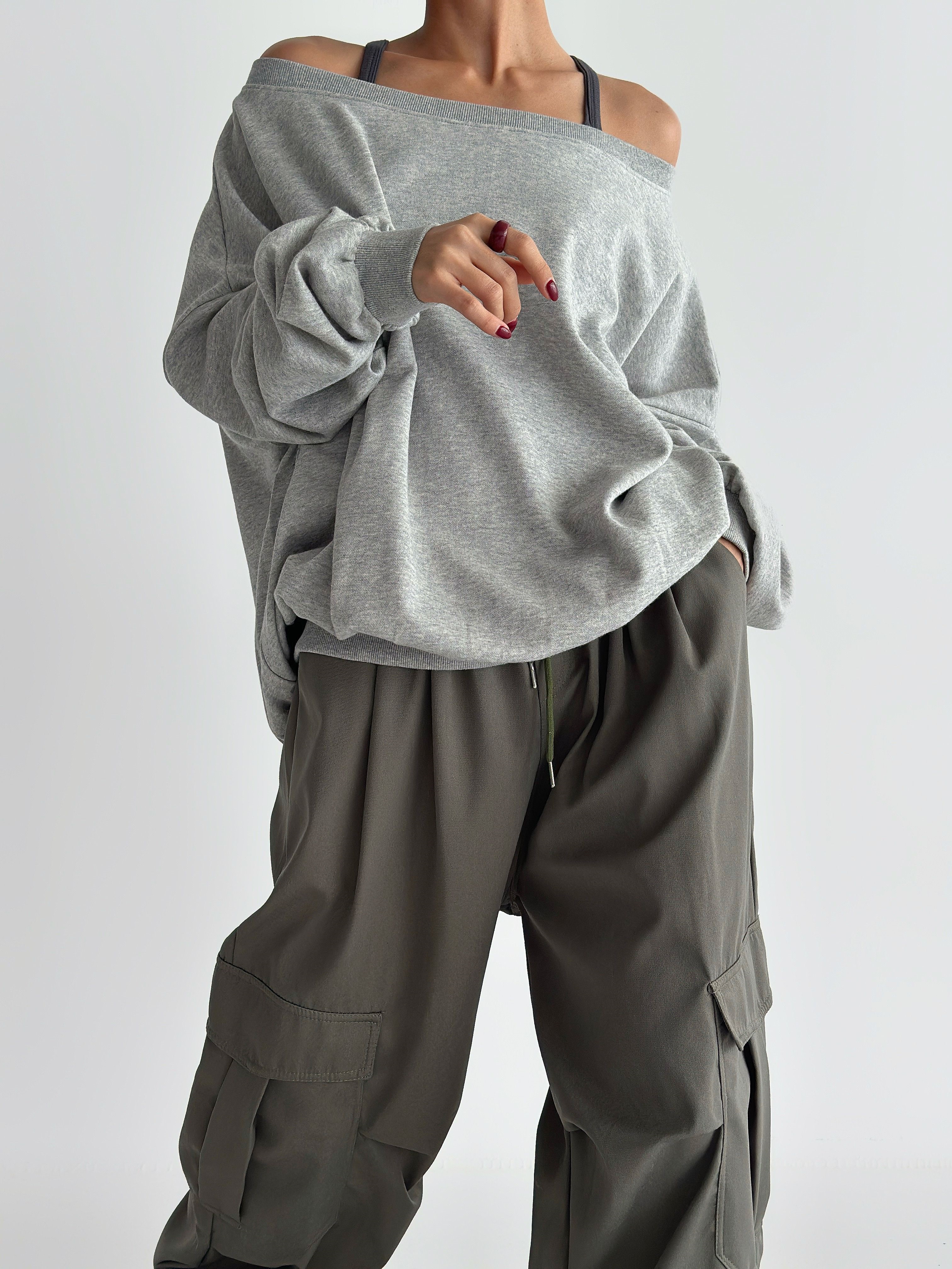 ボートネックワンショルダーオーバーサイズ長袖無地スウェット | 詳細画像9