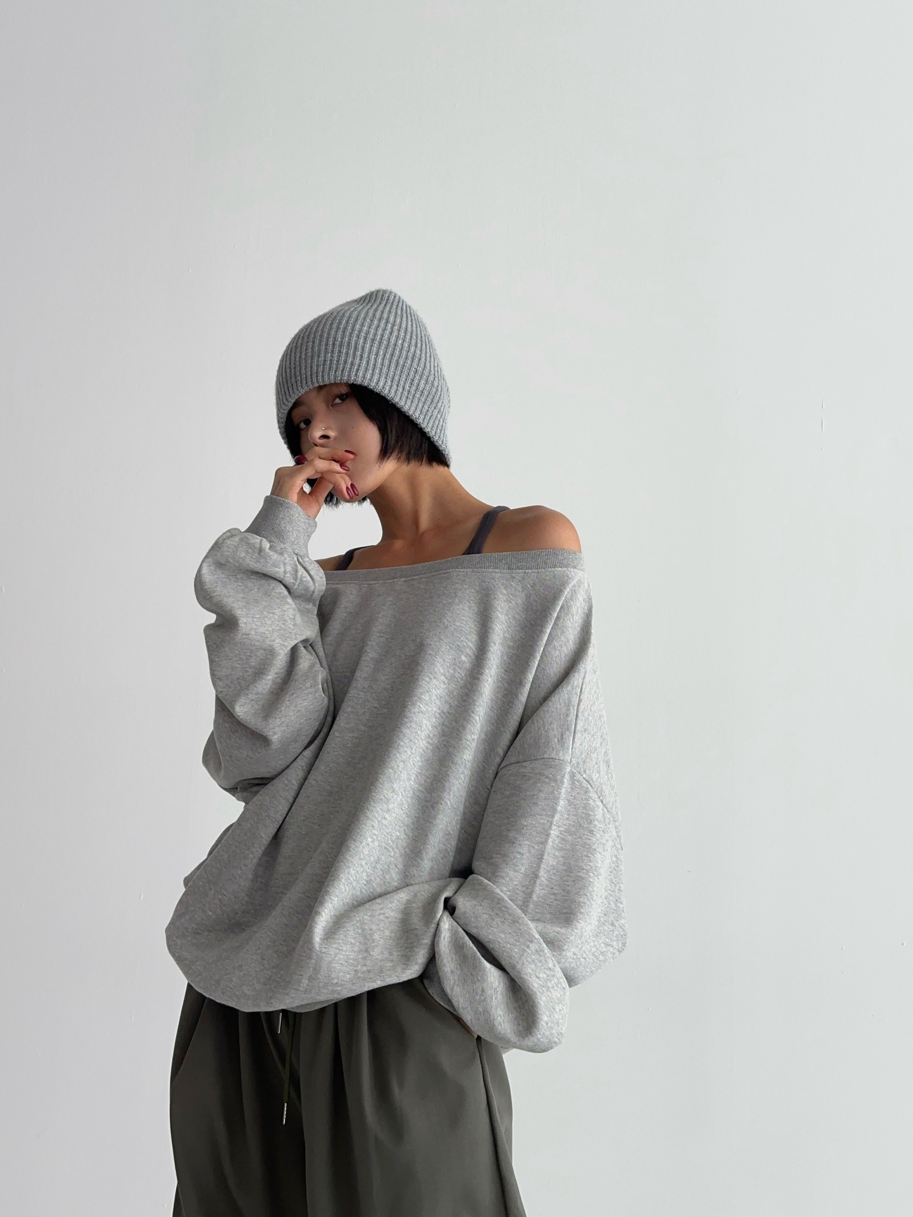 ボートネックワンショルダーオーバーサイズ長袖無地スウェット | 詳細画像14