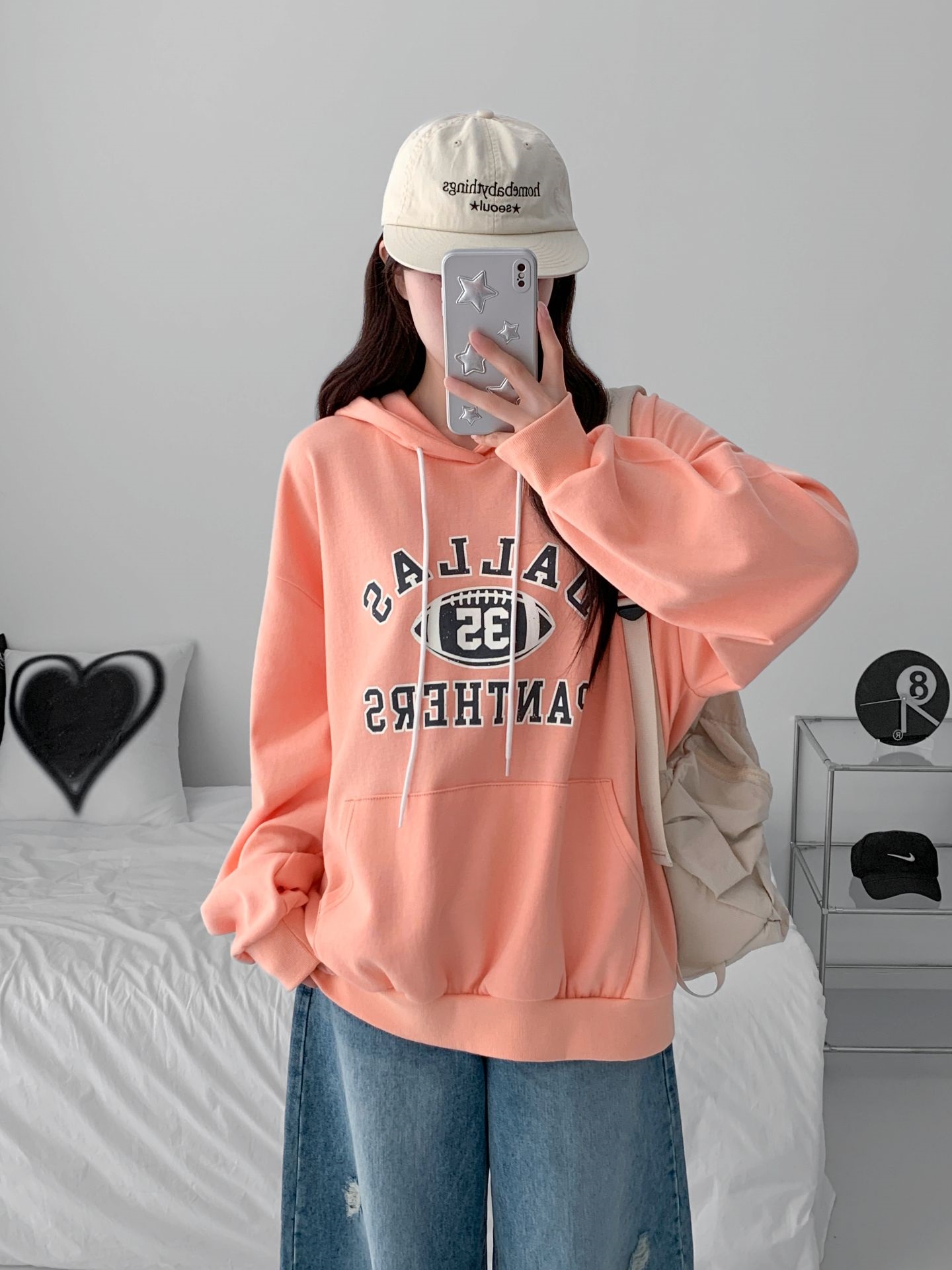 フードオーバーサイズルーズ長袖カンガルーポケットプリントパーカー | 詳細画像3