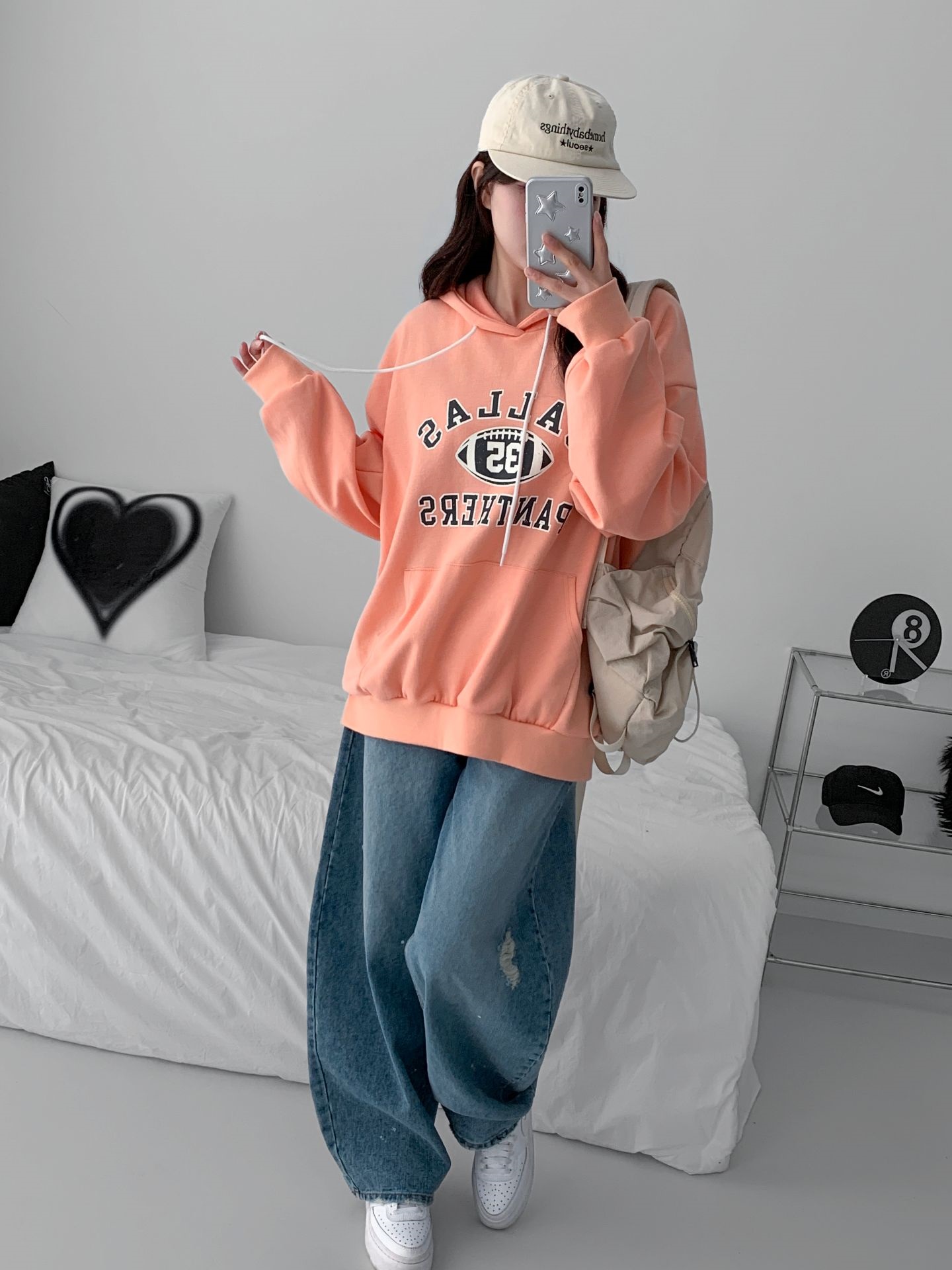 フードオーバーサイズルーズ長袖カンガルーポケットプリントパーカー | 詳細画像7