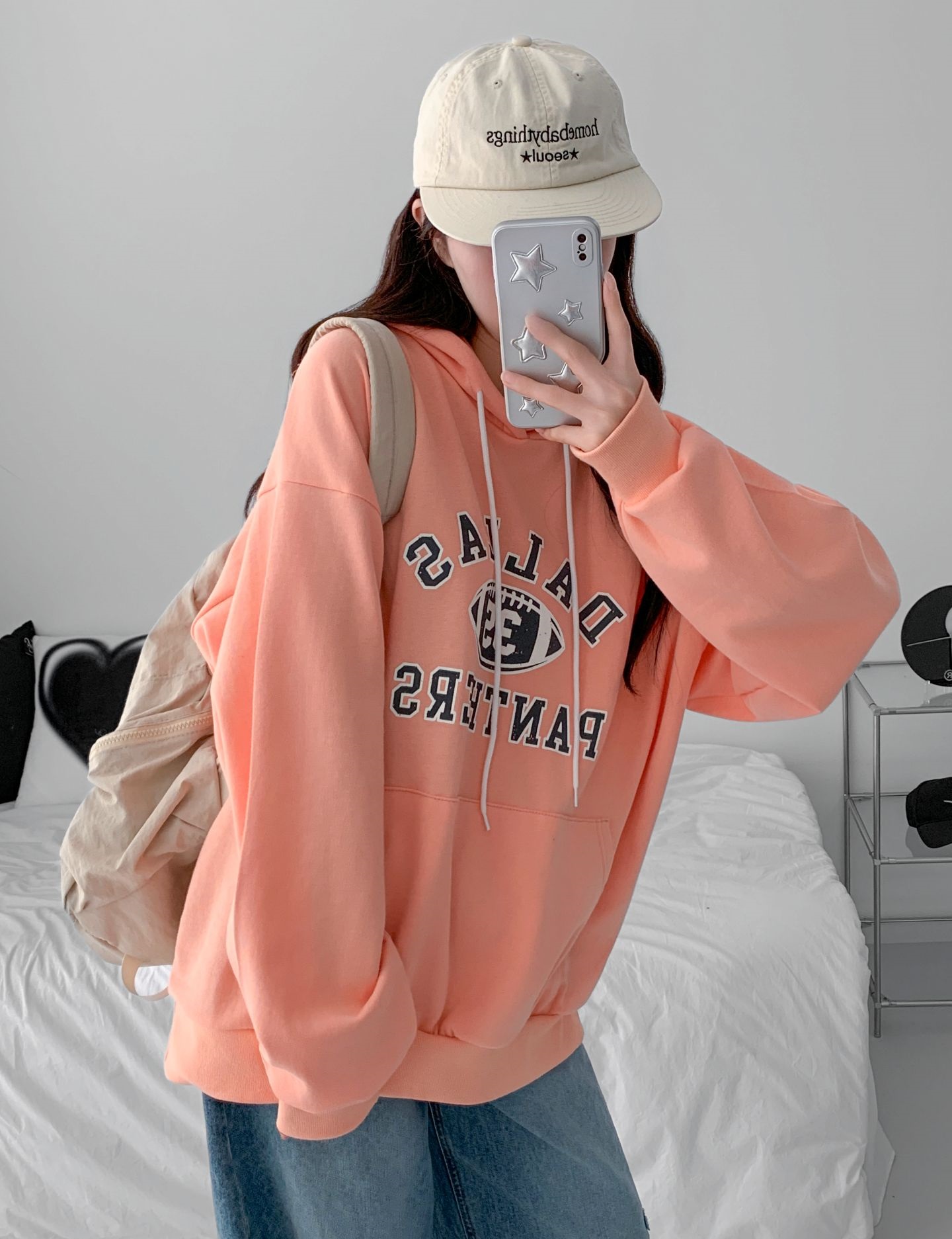 フードオーバーサイズルーズ長袖カンガルーポケットプリントパーカー | 詳細画像9