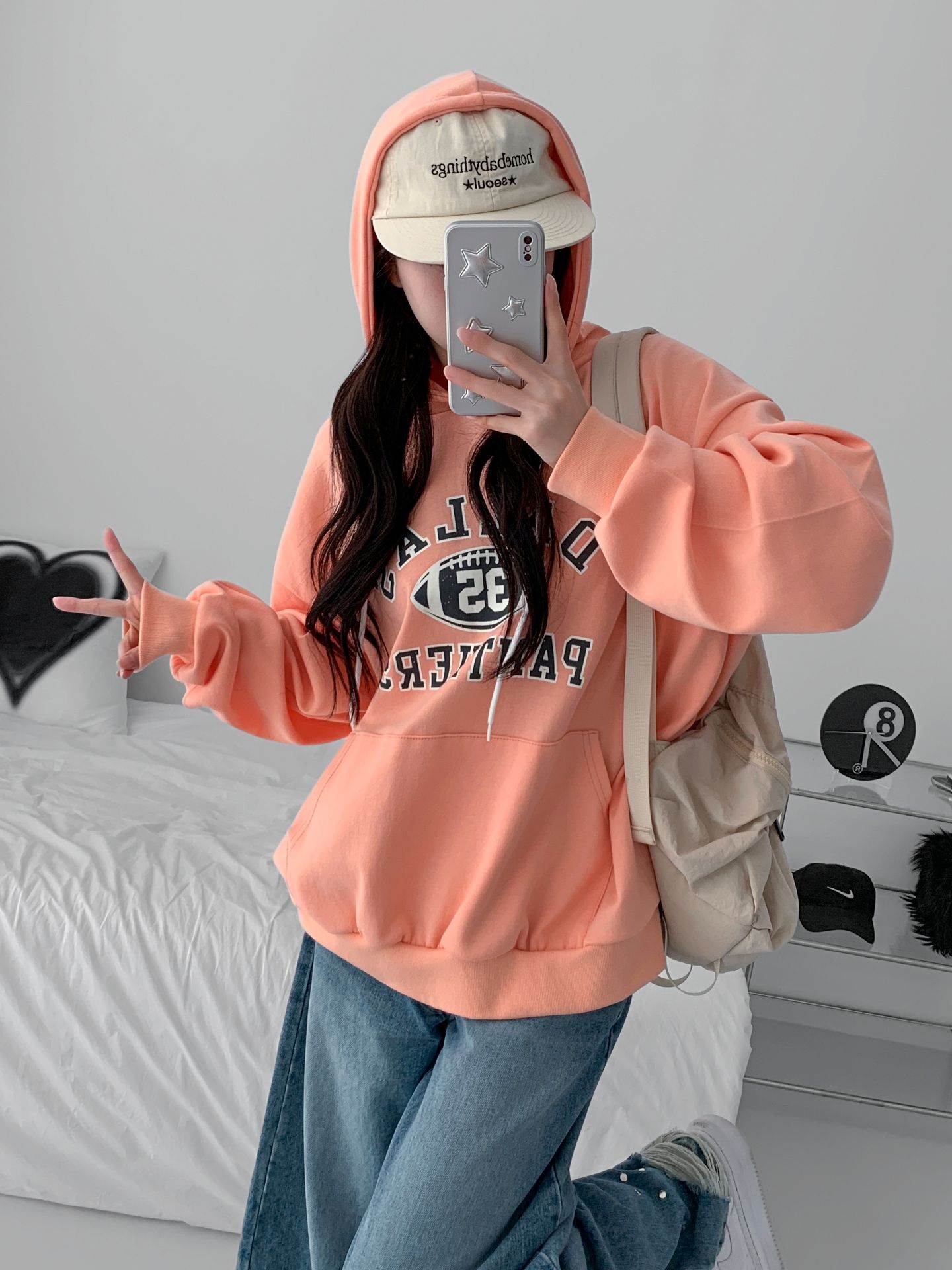 フードオーバーサイズルーズ長袖カンガルーポケットプリントパーカー | 詳細画像10