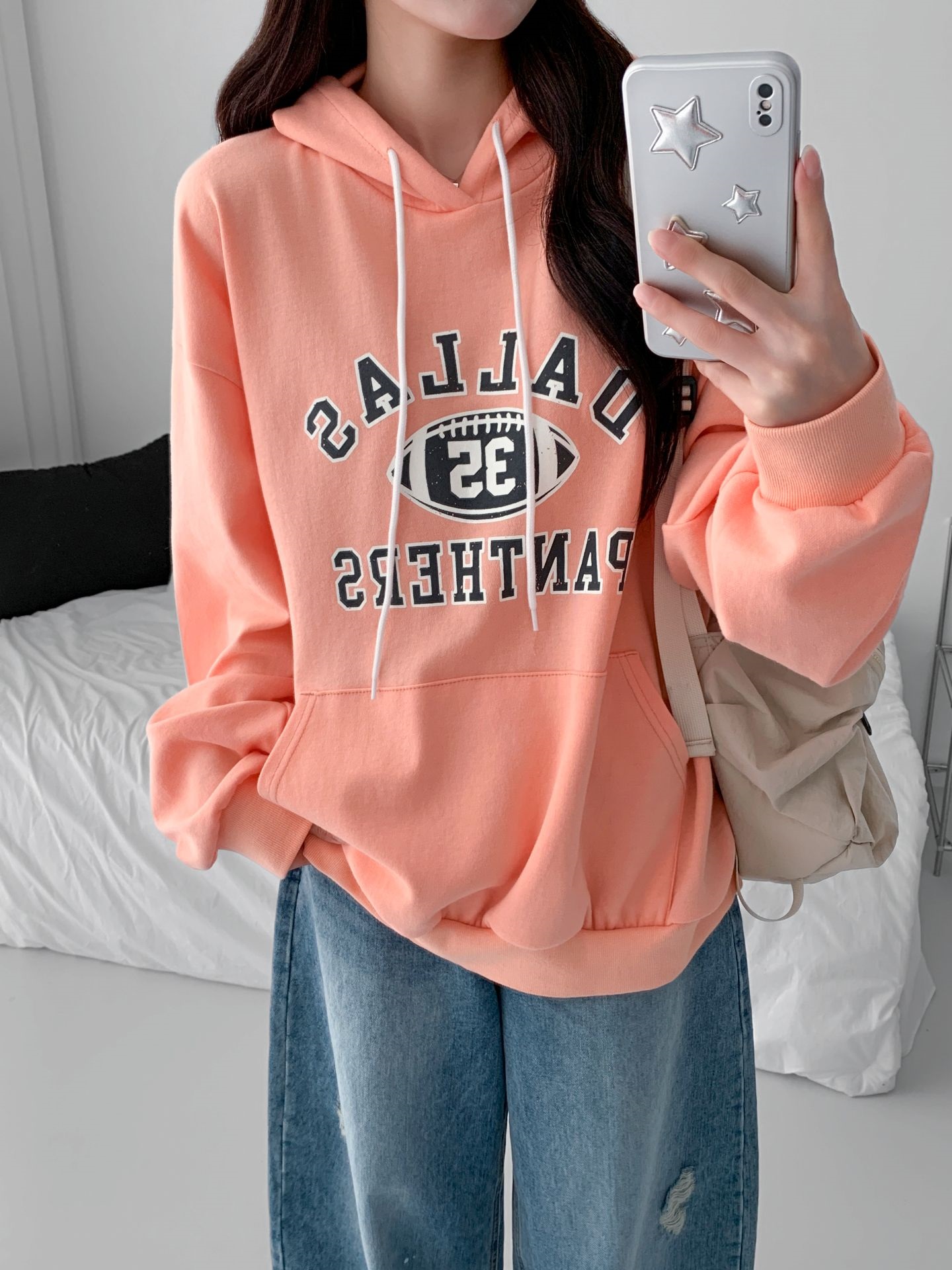 フードオーバーサイズルーズ長袖カンガルーポケットプリントパーカー | 詳細画像11