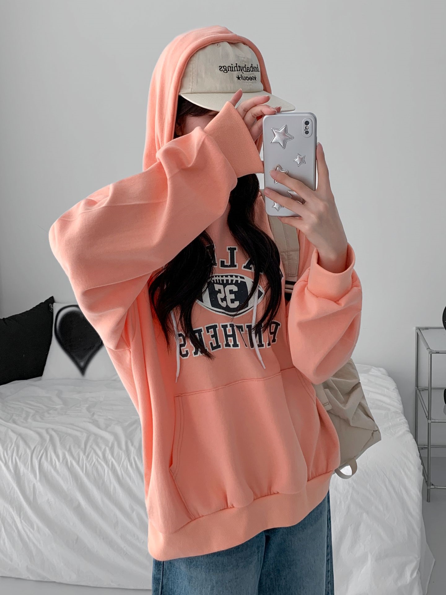 フードオーバーサイズルーズ長袖カンガルーポケットプリントパーカー | 詳細画像12