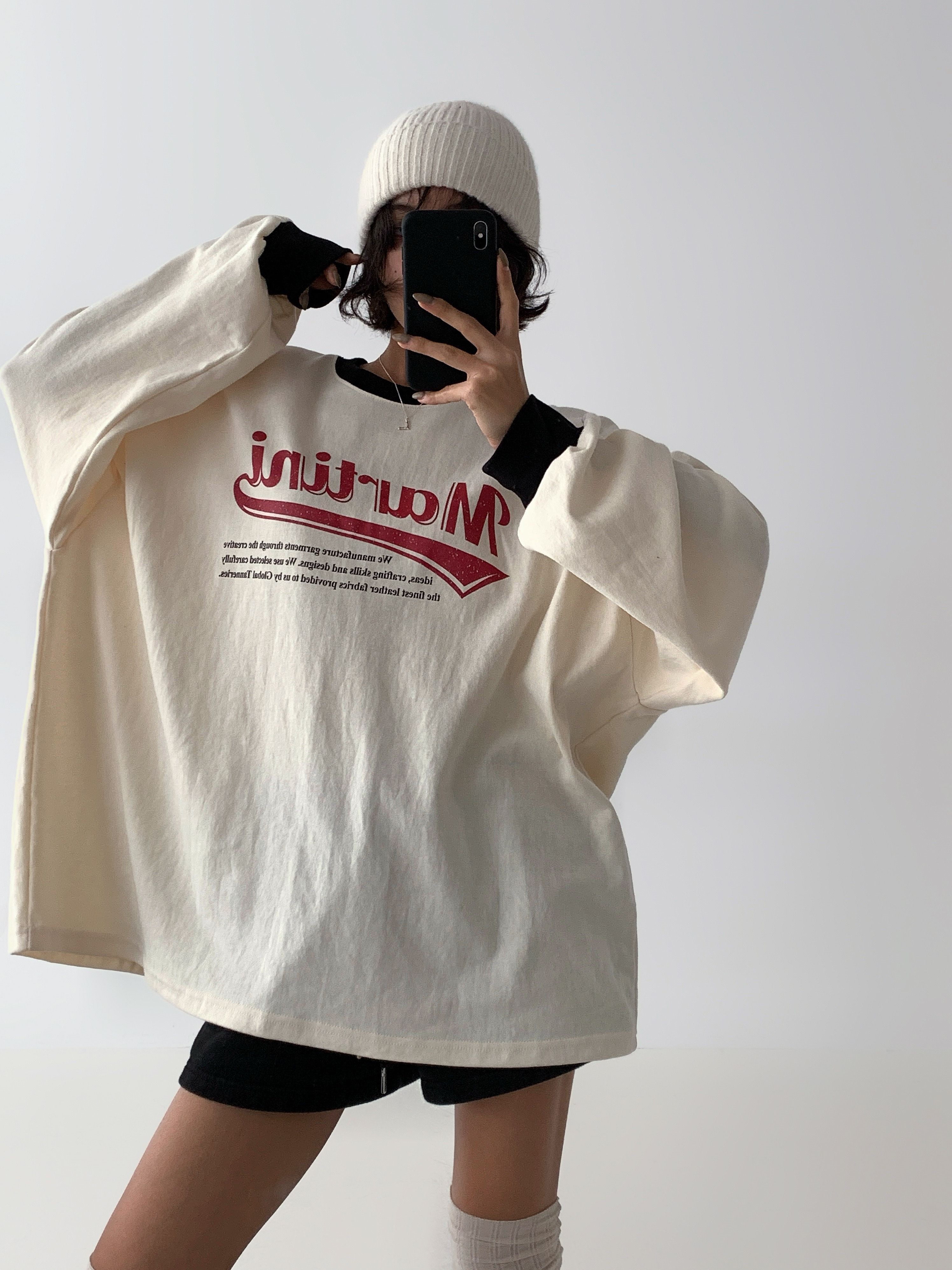 ラウンドネックオーバーサイズルーズ長袖ビッグプリント配色Tシャツ | 詳細画像4