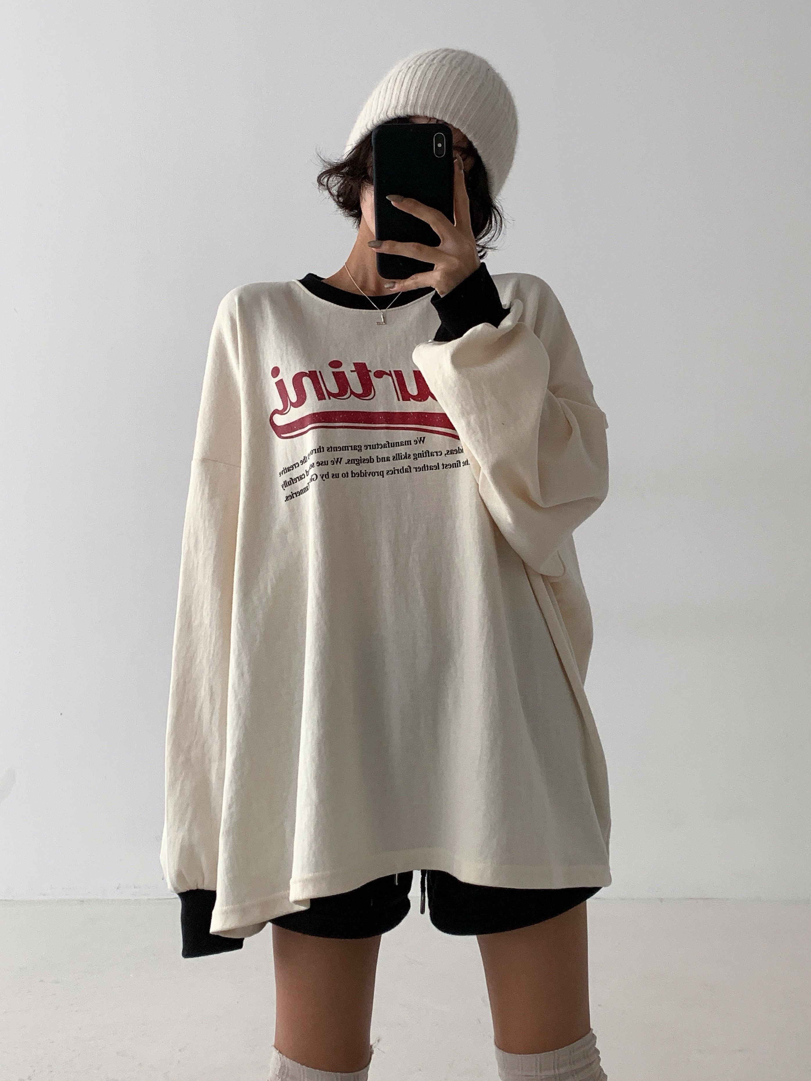 ラウンドネックオーバーサイズルーズ長袖ビッグプリント配色Tシャツ | 詳細画像5