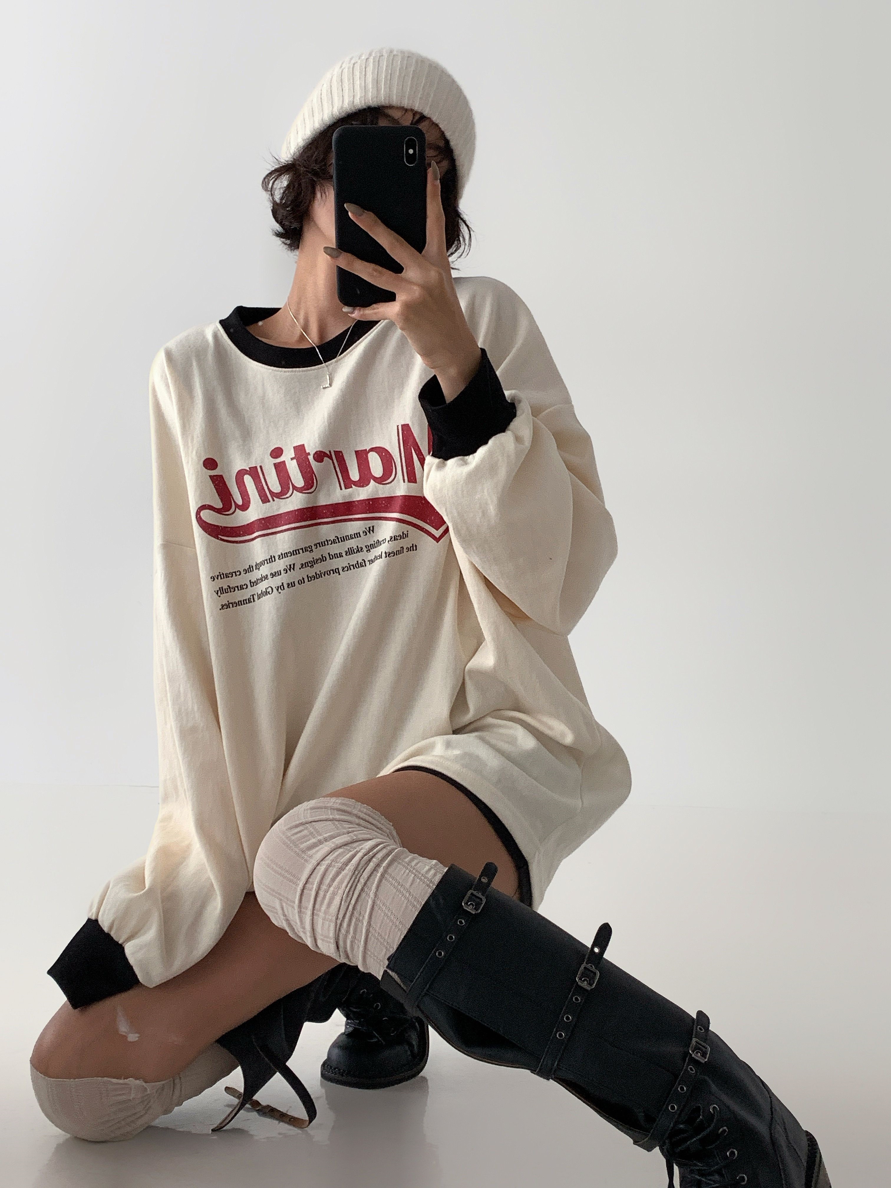 ラウンドネックオーバーサイズルーズ長袖ビッグプリント配色Tシャツ | 詳細画像10