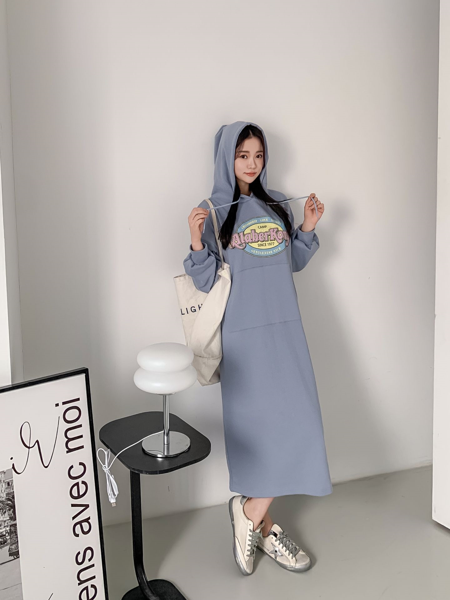 フードドローストリングオーバーサイズロングルーズ長袖ビッグカンガルーポケットプリントワンピース | 詳細画像2