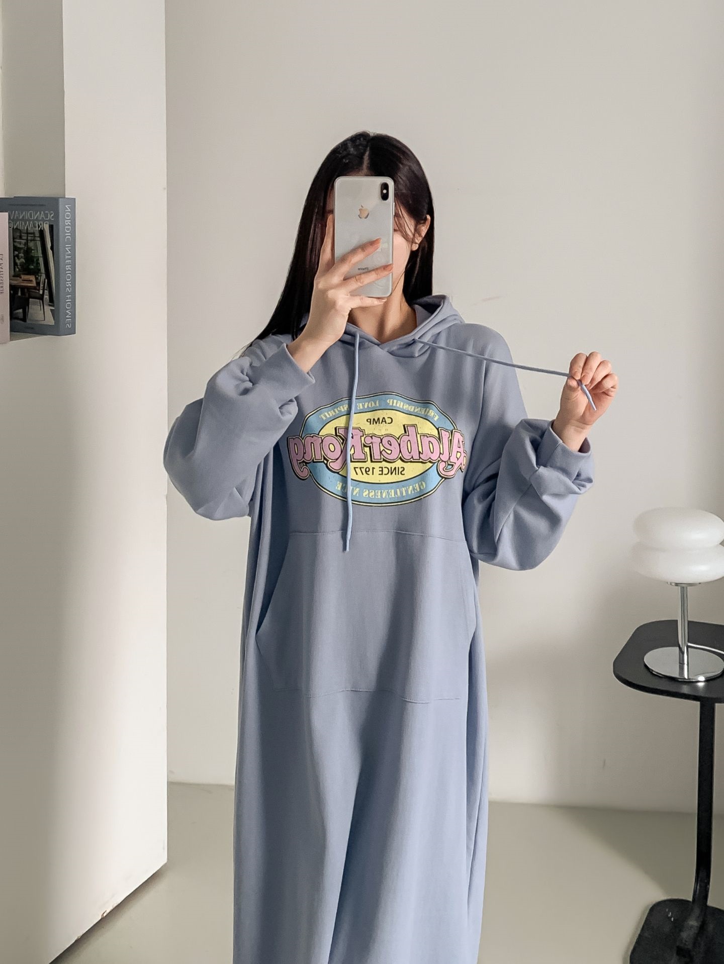 フードドローストリングオーバーサイズロングルーズ長袖ビッグカンガルーポケットプリントワンピース | 詳細画像6