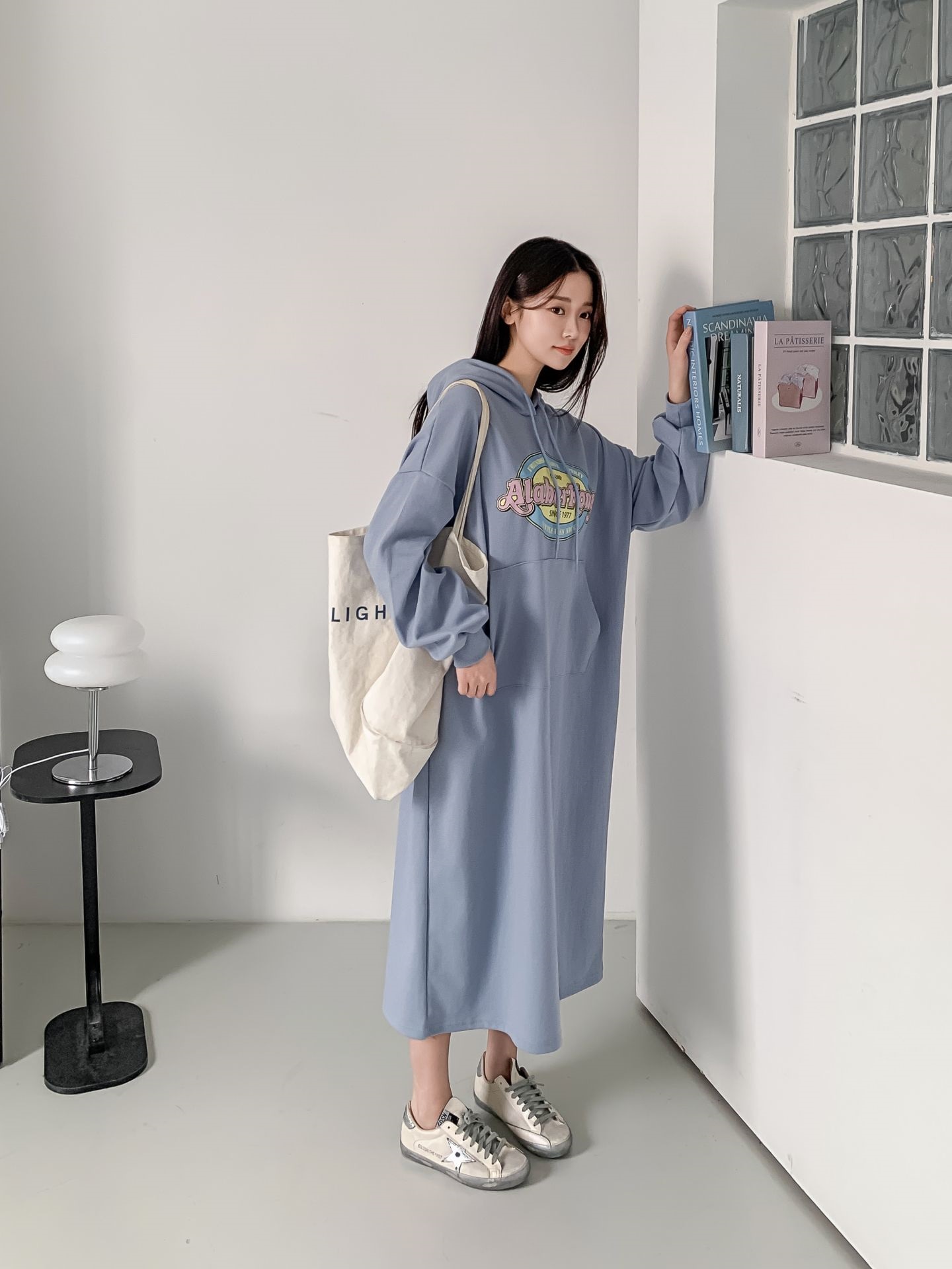 フードドローストリングオーバーサイズロングルーズ長袖ビッグカンガルーポケットプリントワンピース | 詳細画像7