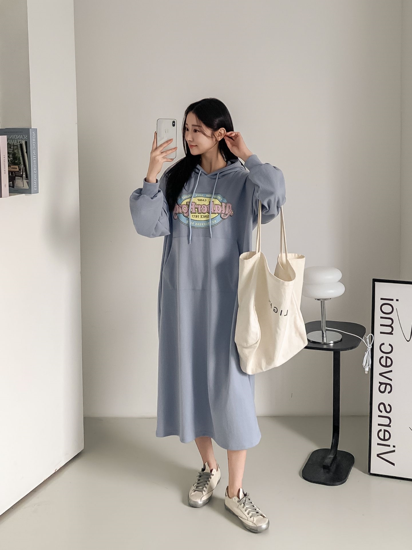 フードドローストリングオーバーサイズロングルーズ長袖ビッグカンガルーポケットプリントワンピース | 詳細画像9