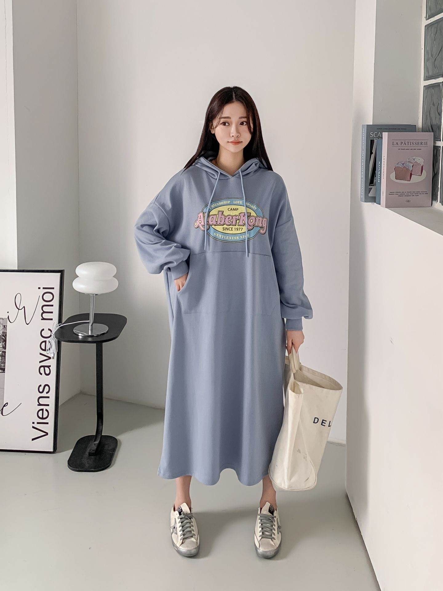 フードドローストリングオーバーサイズロングルーズ長袖ビッグカンガルーポケットプリントワンピース | 詳細画像10