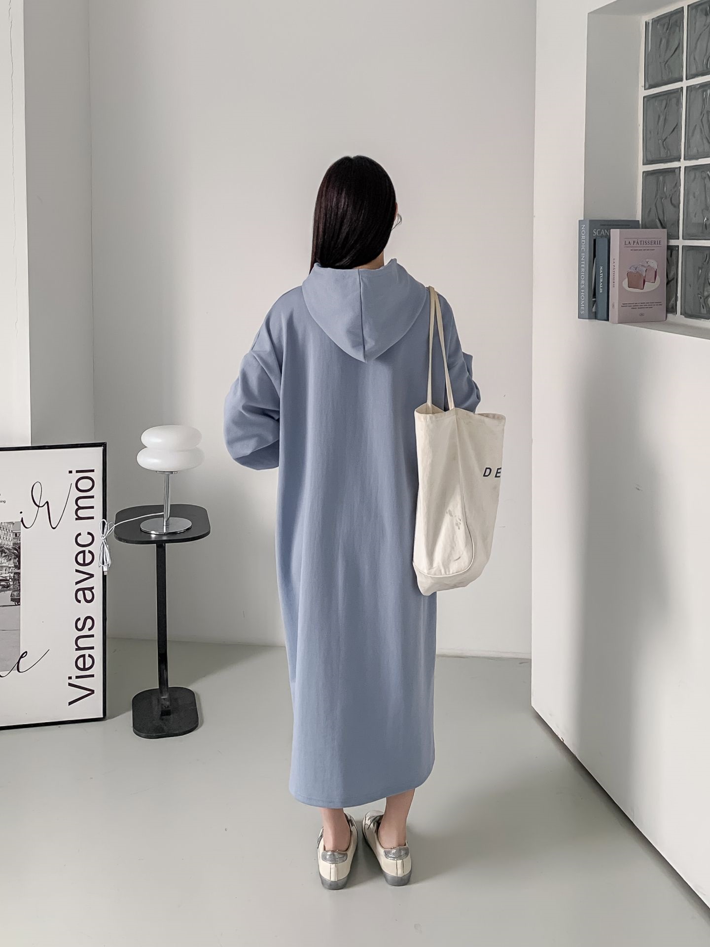 フードドローストリングオーバーサイズロングルーズ長袖ビッグカンガルーポケットプリントワンピース | 詳細画像13