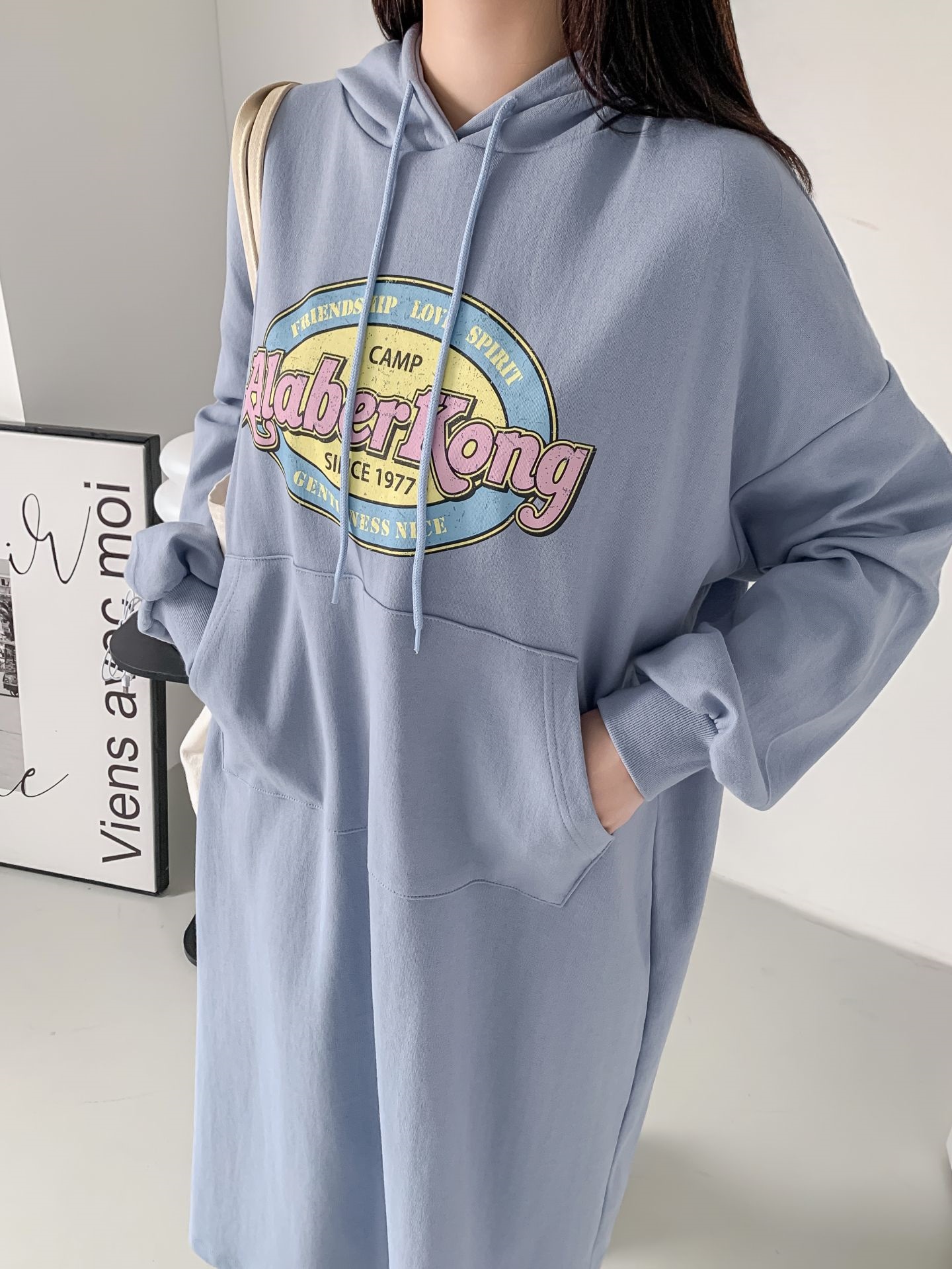 フードドローストリングオーバーサイズロングルーズ長袖ビッグカンガルーポケットプリントワンピース | 詳細画像14