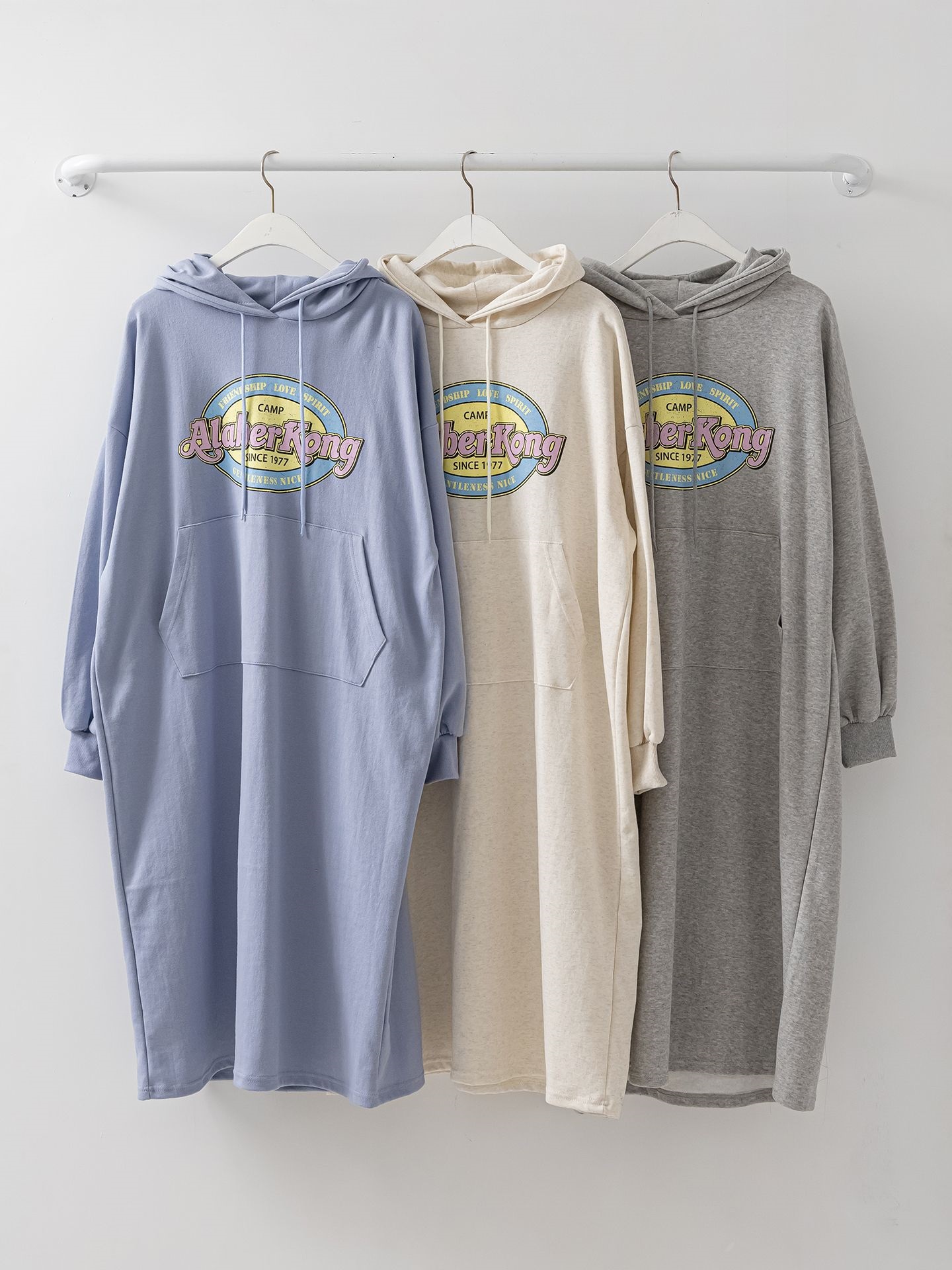 フードドローストリングオーバーサイズロングルーズ長袖ビッグカンガルーポケットプリントワンピース | 詳細画像15