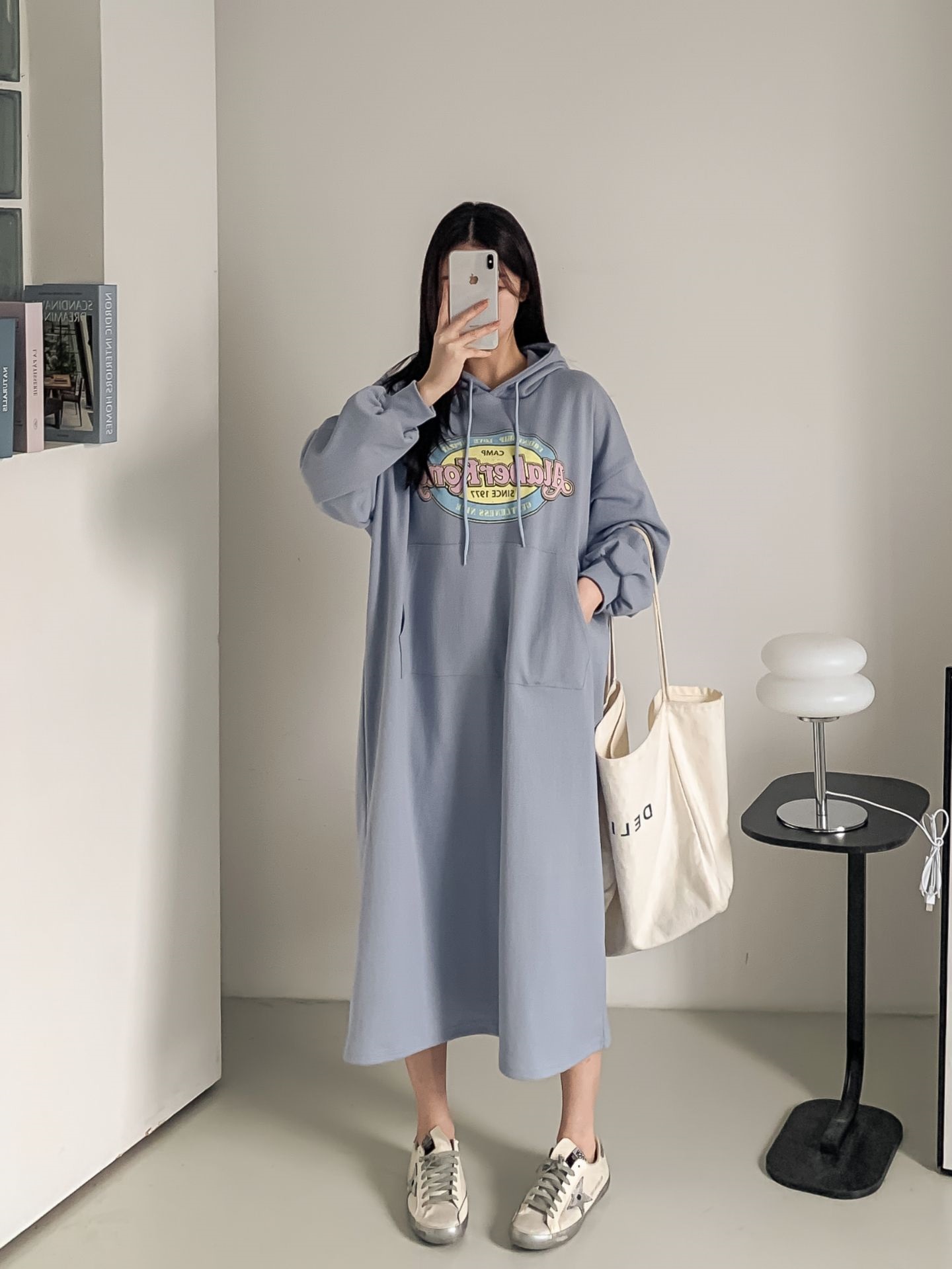 フードドローストリングオーバーサイズロングルーズ長袖ビッグカンガルーポケットプリントワンピース | 詳細画像17