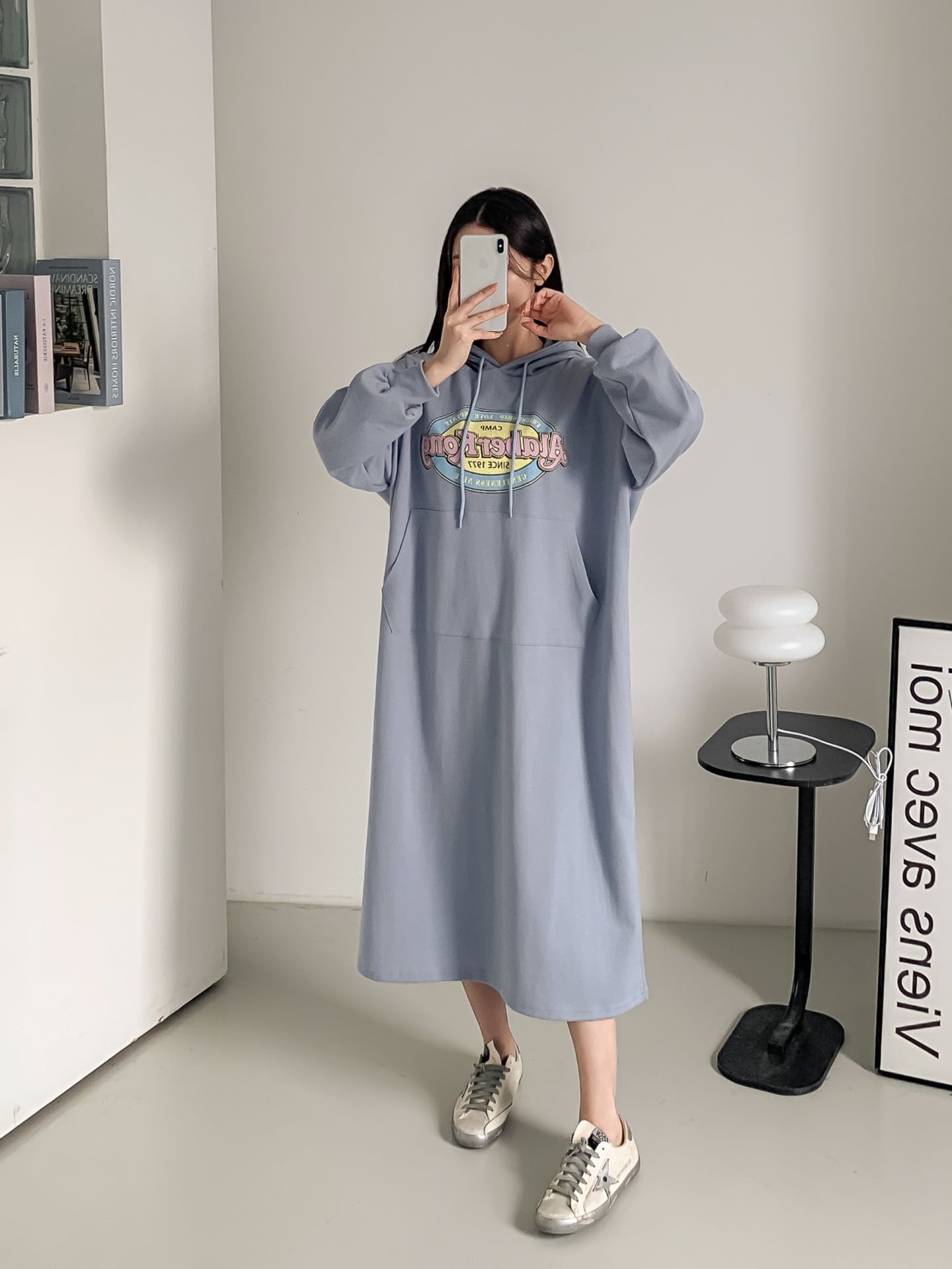 フードドローストリングオーバーサイズロングルーズ長袖ビッグカンガルーポケットプリントワンピース | 詳細画像21