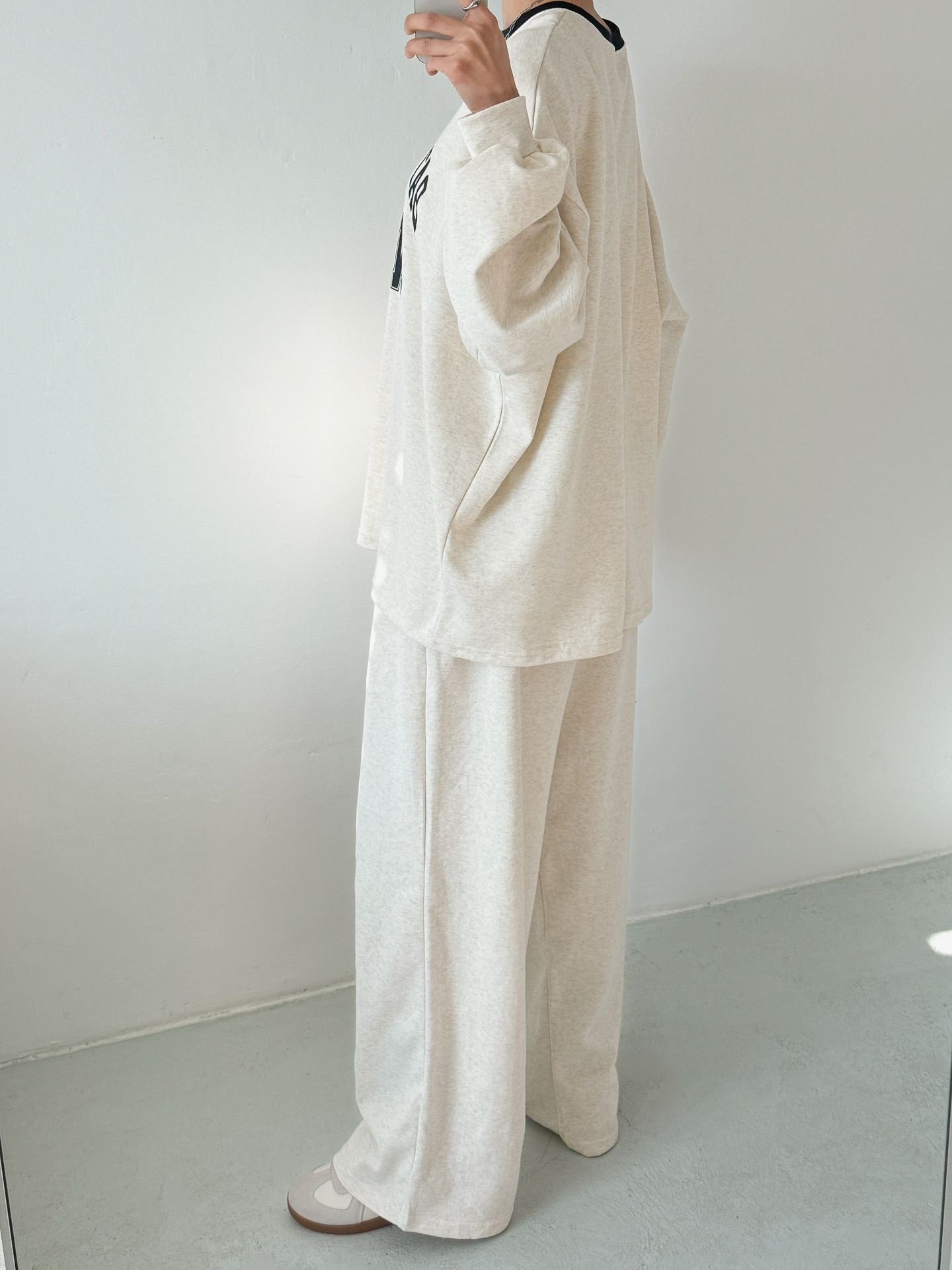 ラウンドネックドローストリングポケットウエストゴムオーバーサイズボクシー長袖ワイドプリント配色セットアップ | 詳細画像2