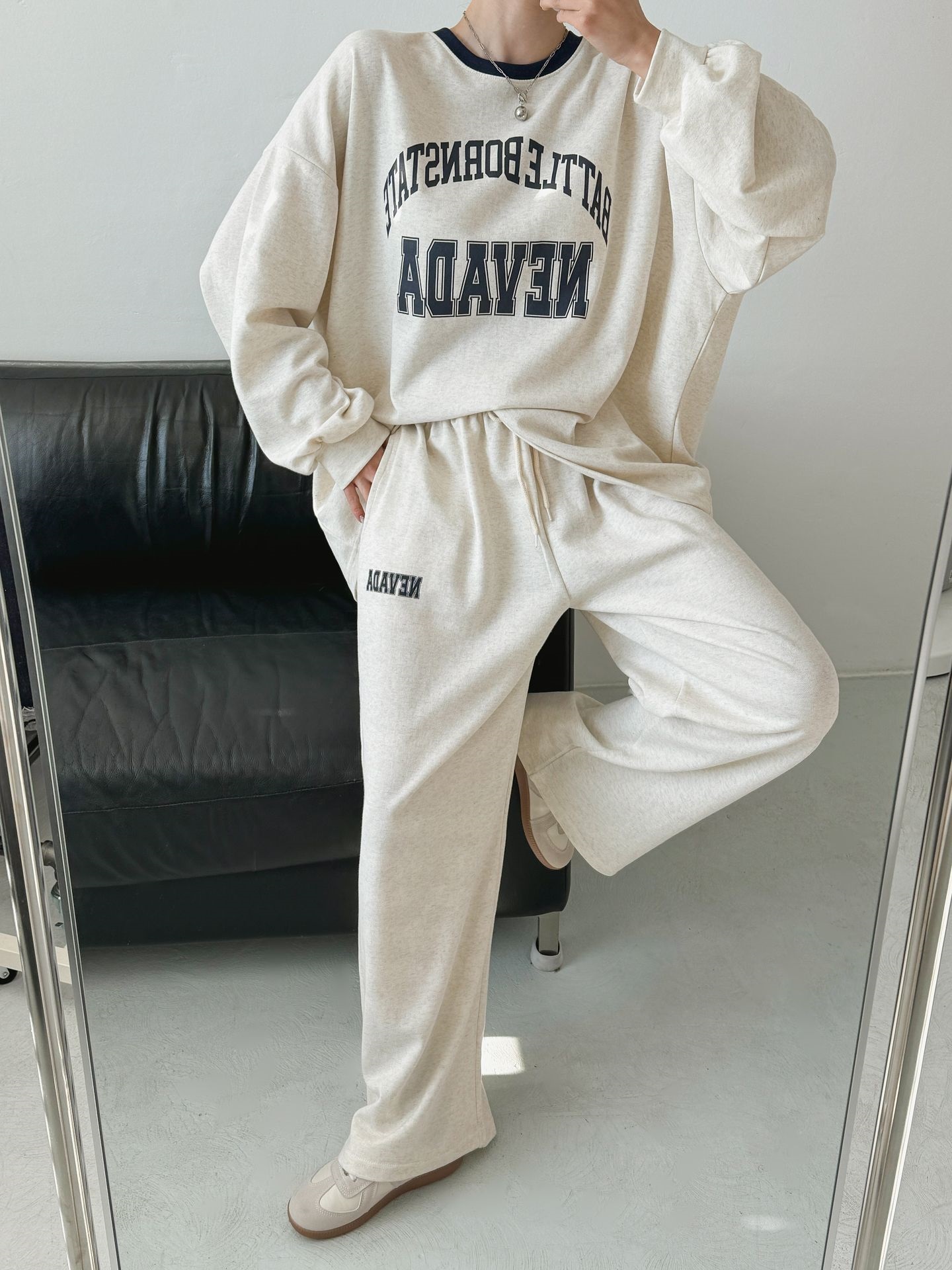 ラウンドネックドローストリングポケットウエストゴムオーバーサイズボクシー長袖ワイドプリント配色セットアップ | 詳細画像4