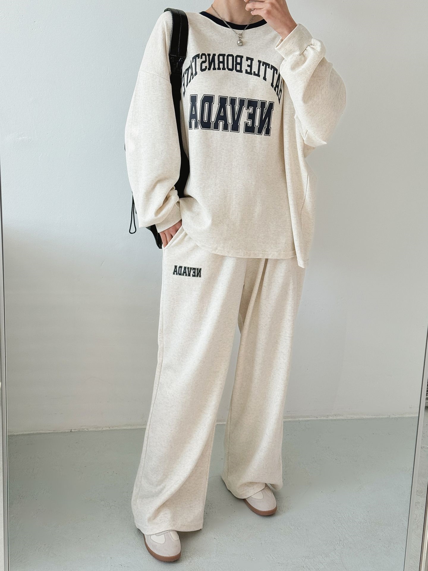 ラウンドネックドローストリングポケットウエストゴムオーバーサイズボクシー長袖ワイドプリント配色セットアップ | 詳細画像5