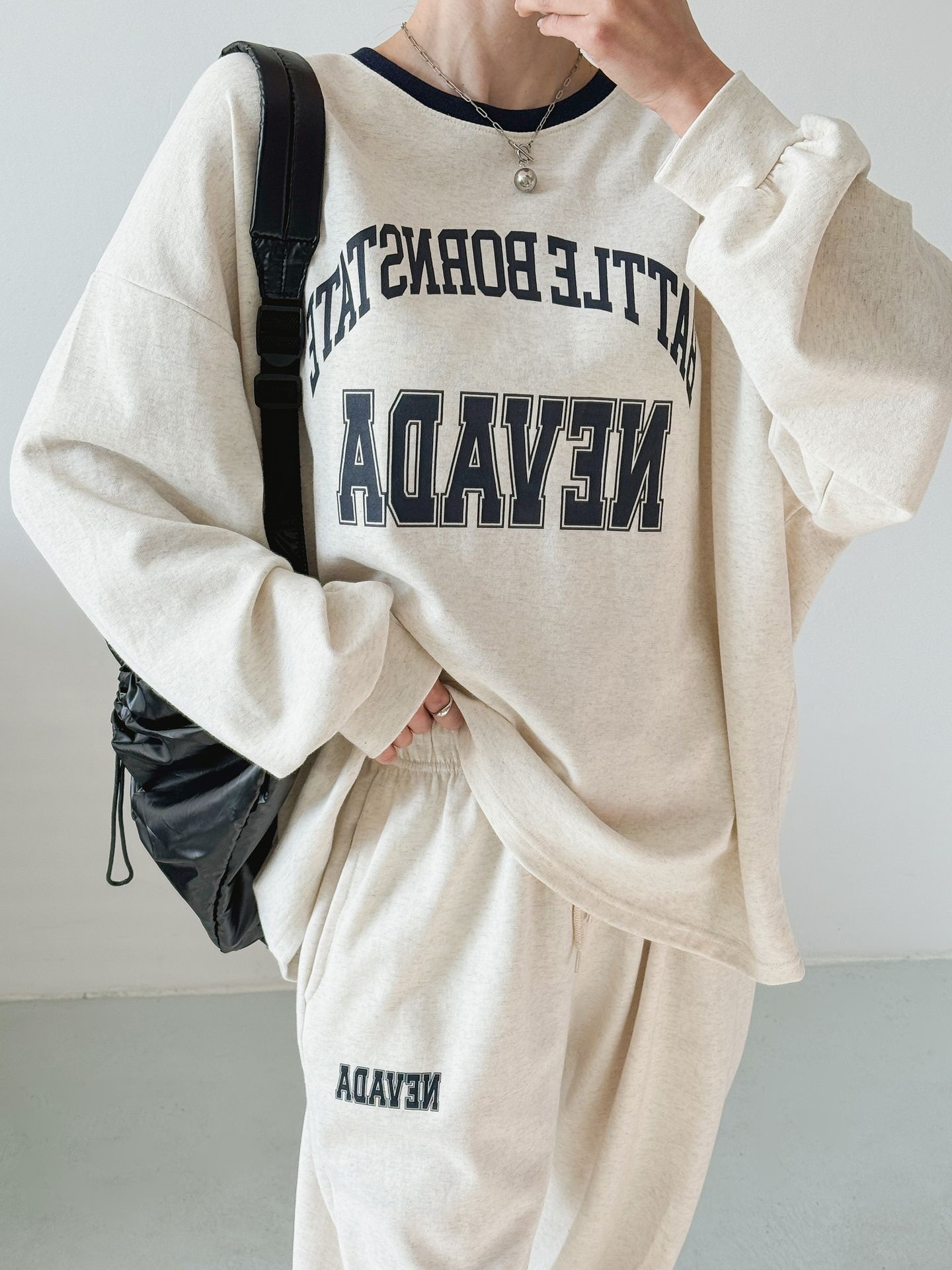 ラウンドネックドローストリングポケットウエストゴムオーバーサイズボクシー長袖ワイドプリント配色セットアップ | 詳細画像6