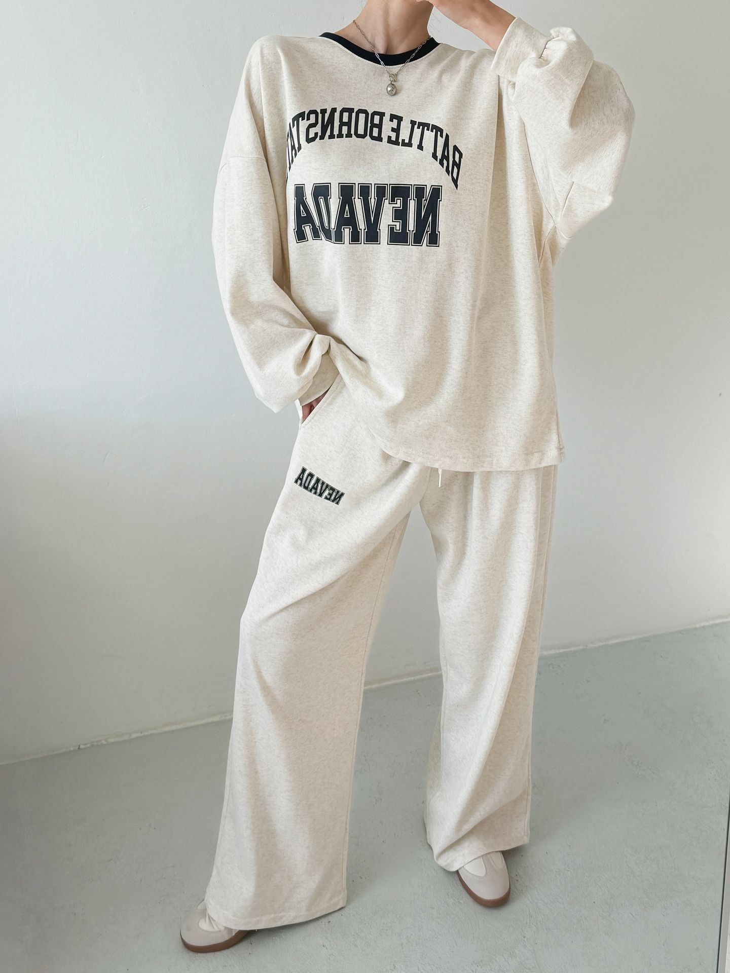 ラウンドネックドローストリングポケットウエストゴムオーバーサイズボクシー長袖ワイドプリント配色セットアップ | 詳細画像12