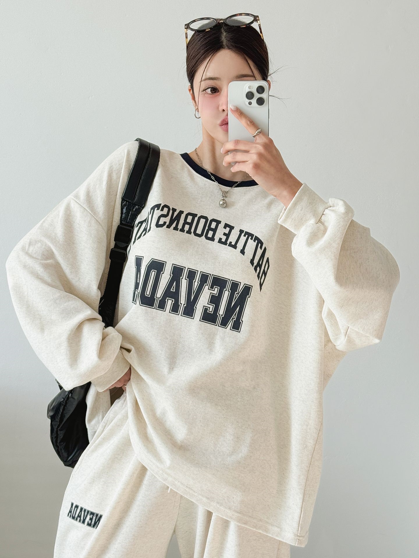 ラウンドネックドローストリングポケットウエストゴムオーバーサイズボクシー長袖ワイドプリント配色セットアップ | 詳細画像13