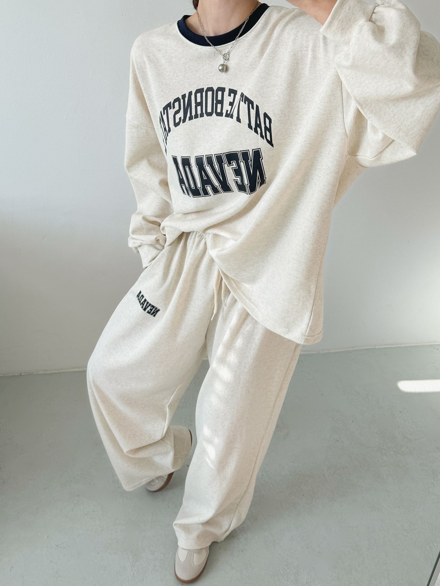 ラウンドネックドローストリングポケットウエストゴムオーバーサイズボクシー長袖ワイドプリント配色セットアップ | 詳細画像14