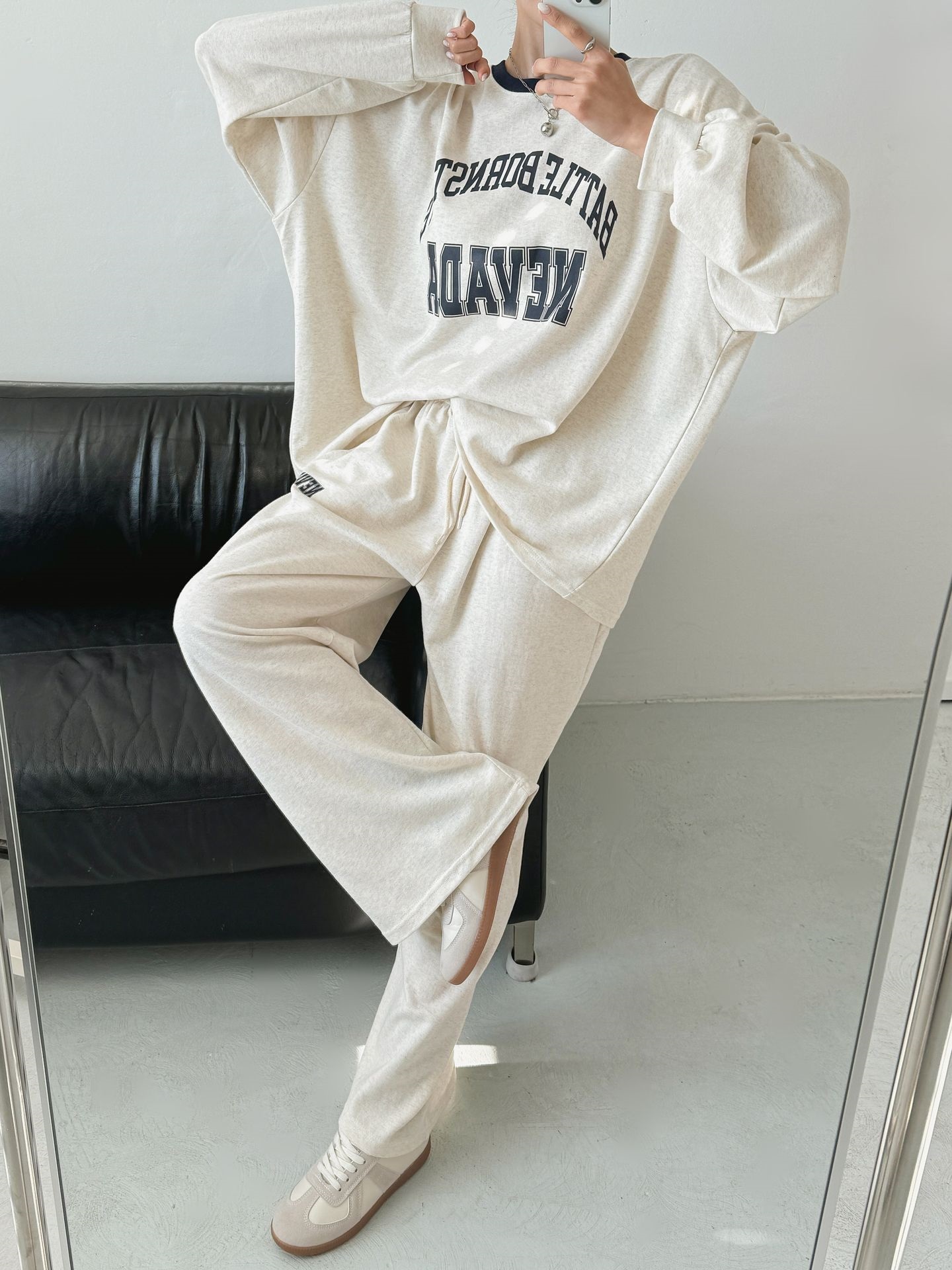 ラウンドネックドローストリングポケットウエストゴムオーバーサイズボクシー長袖ワイドプリント配色セットアップ | 詳細画像16