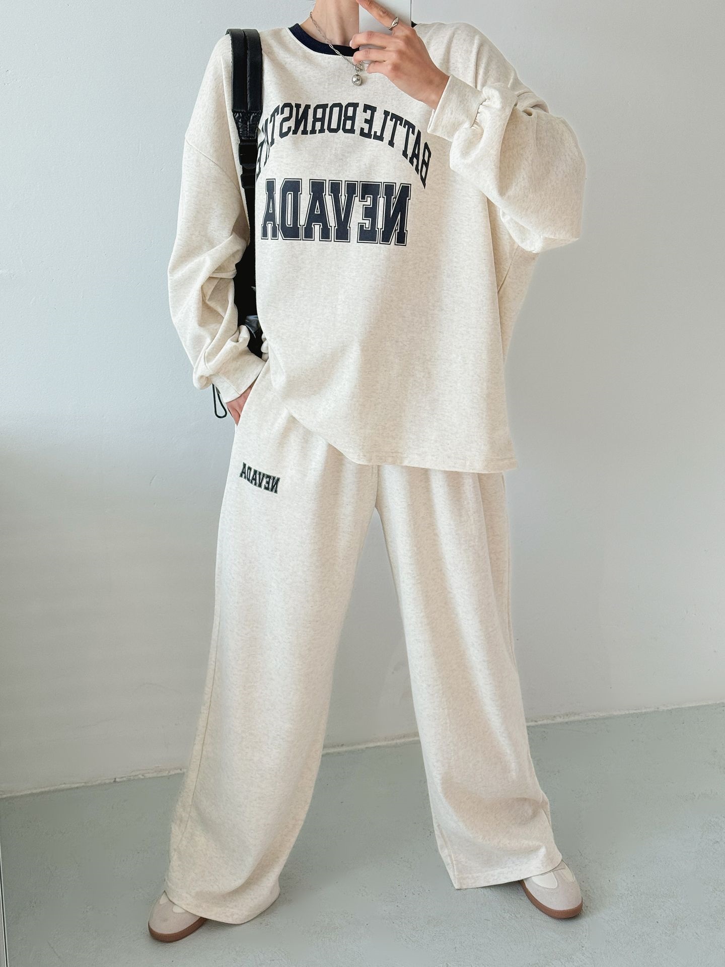 ラウンドネックドローストリングポケットウエストゴムオーバーサイズボクシー長袖ワイドプリント配色セットアップ | 詳細画像17