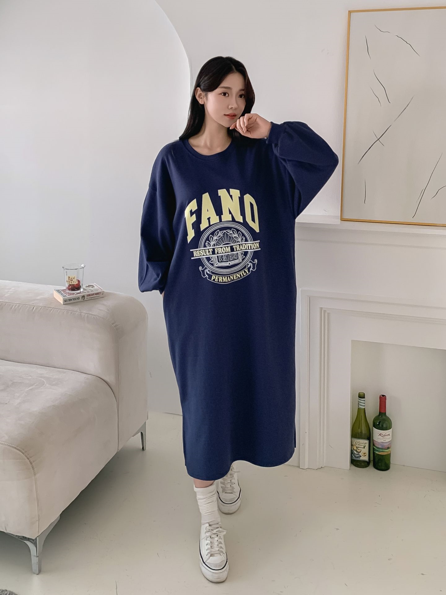 ラウンドネックスリットポケットパフスリーブオーバーサイズボクシーロング長袖ビッグプリントワンピース | 詳細画像3